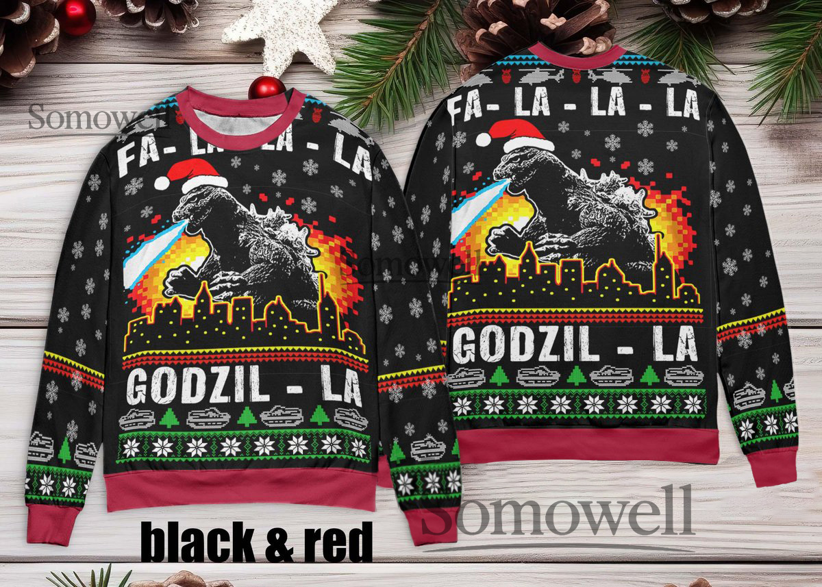 Godzilla Fa La La City Fire Breath Ugly Christmas Sweater Black Red Monster Edition Multi Color Edition