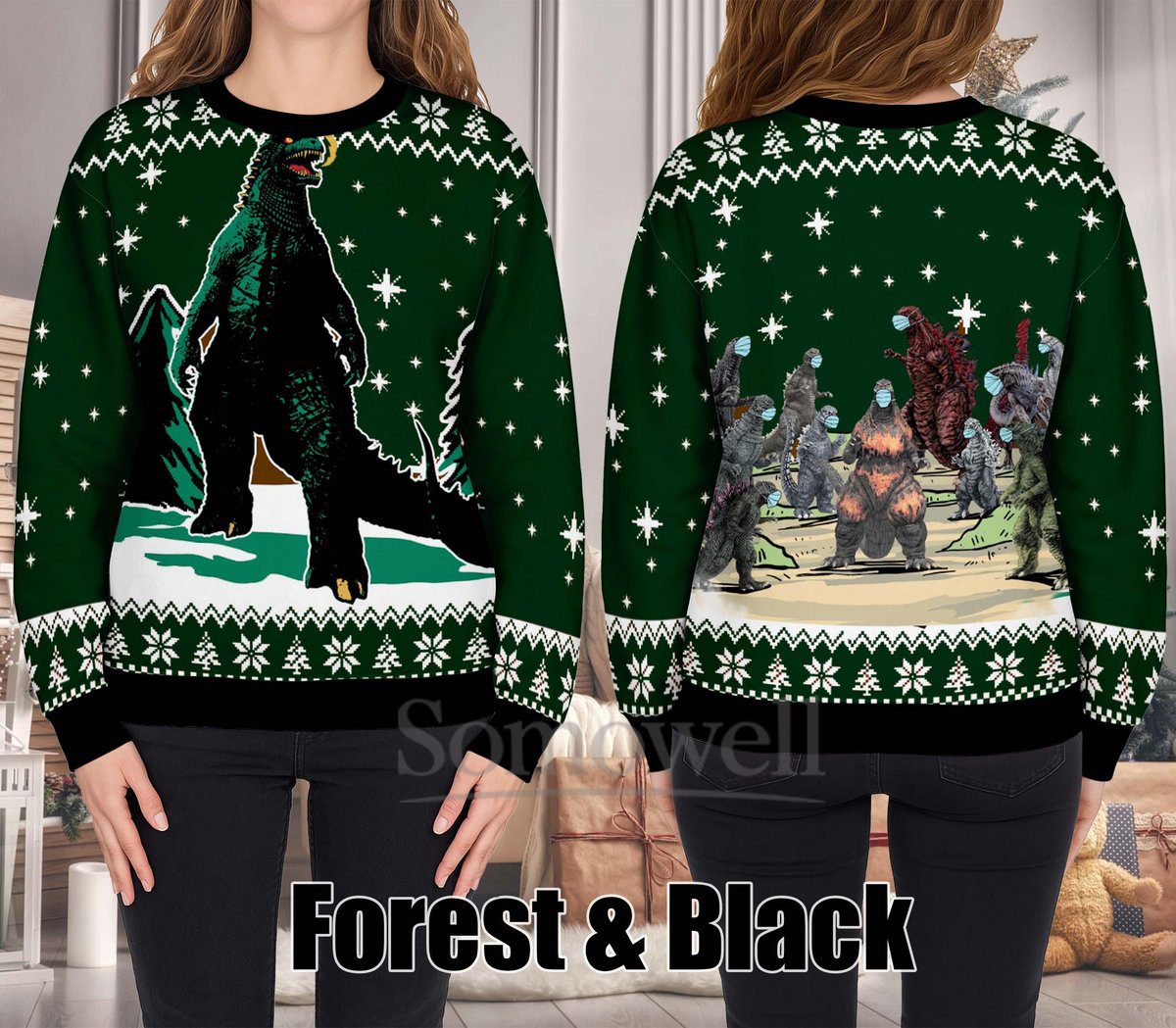 Godzilla vs Kaiju Ugly Christmas Sweater Funny Forest Black Holiday Knit Jumper Gift