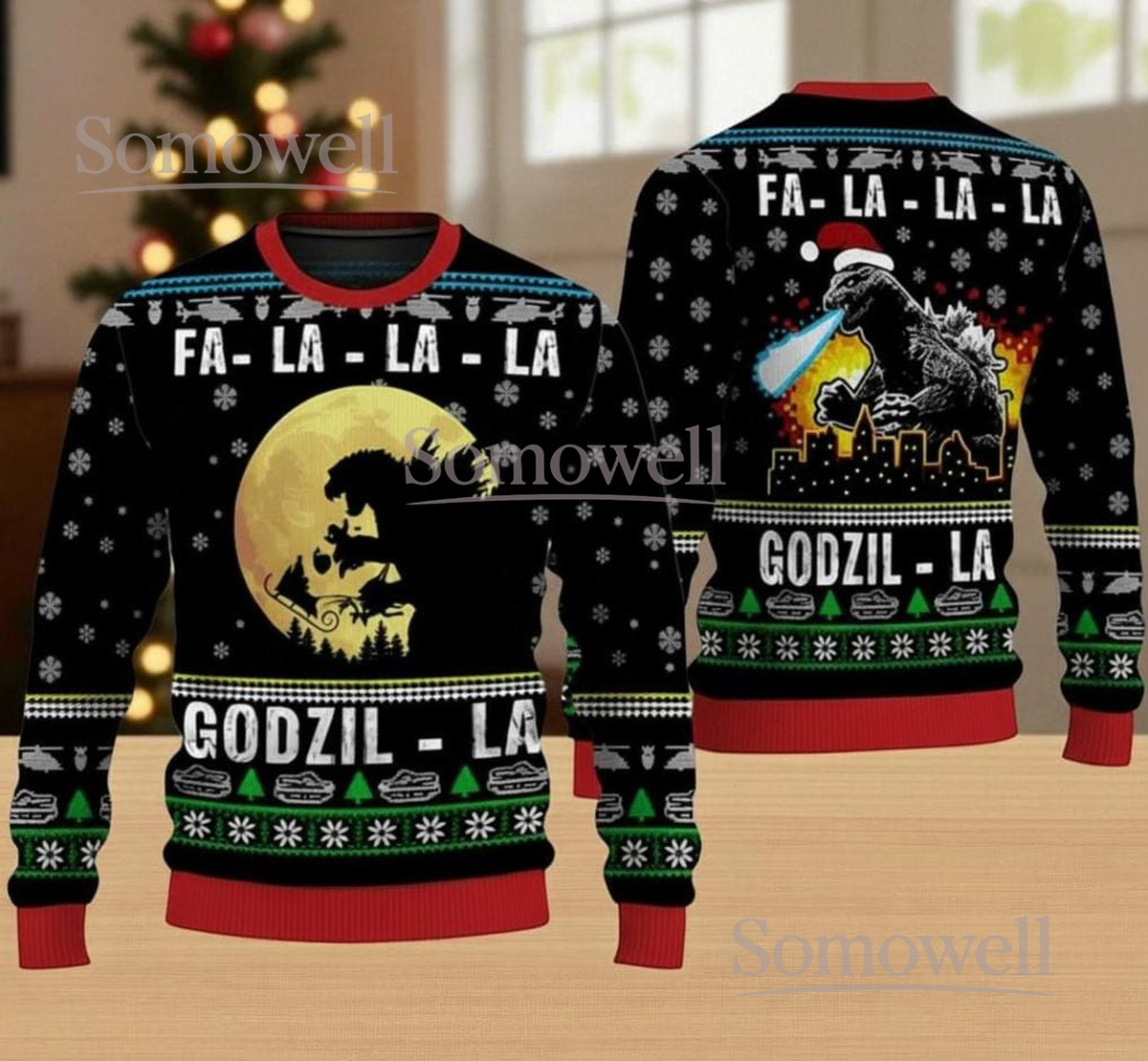 Godzilla Christmas Black Ugly Sweater Movie Theme Holiday Knit Jumper
