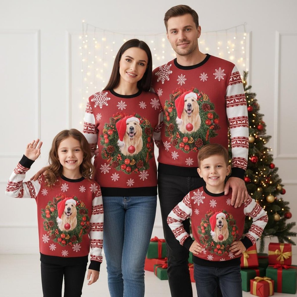 Golden Retriever Santa Wreath Red Ugly Christmas Sweater Holiday Knit Gift