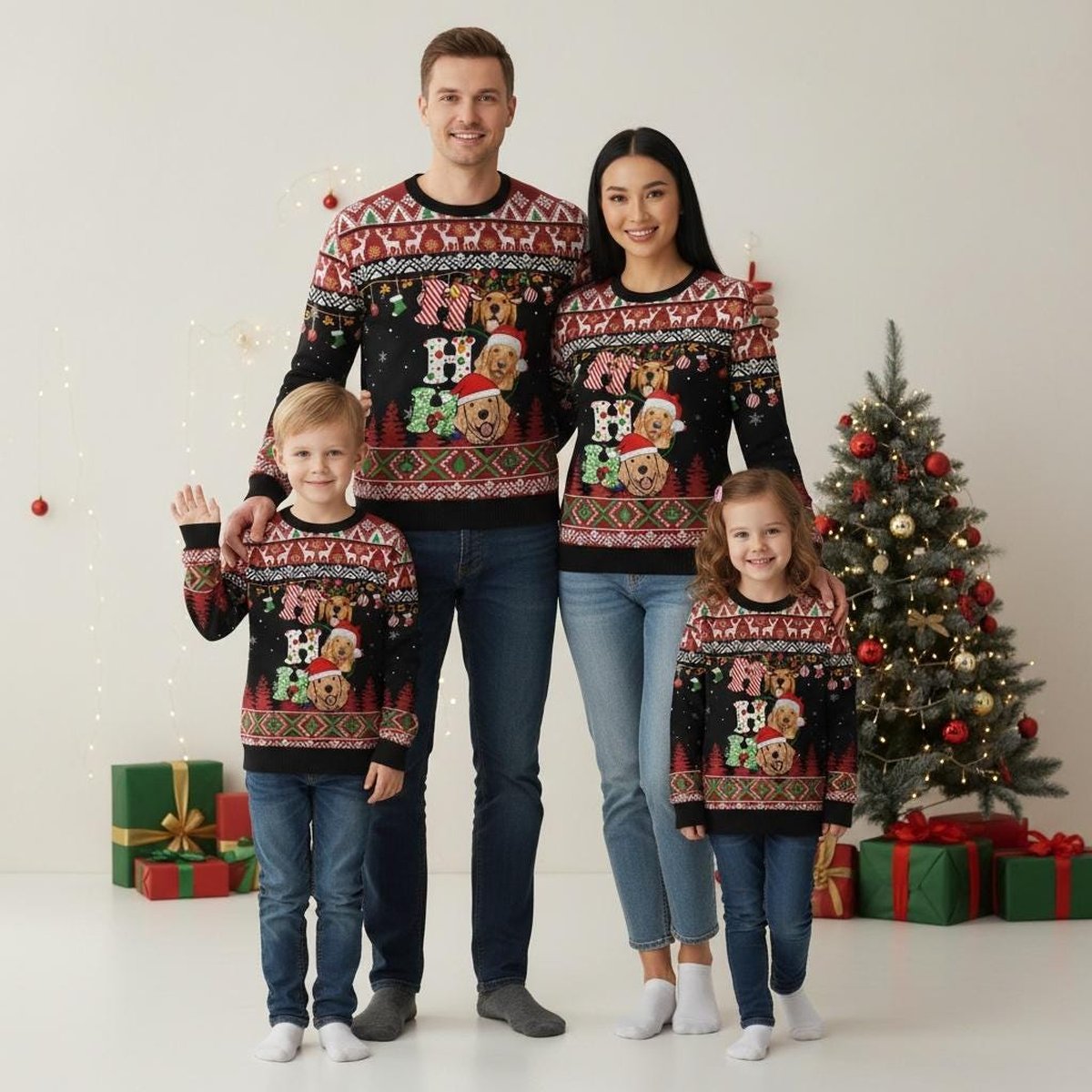 Golden Retriever Ho Ho Ho Black Ugly Christmas Sweater Holiday Knit Gift