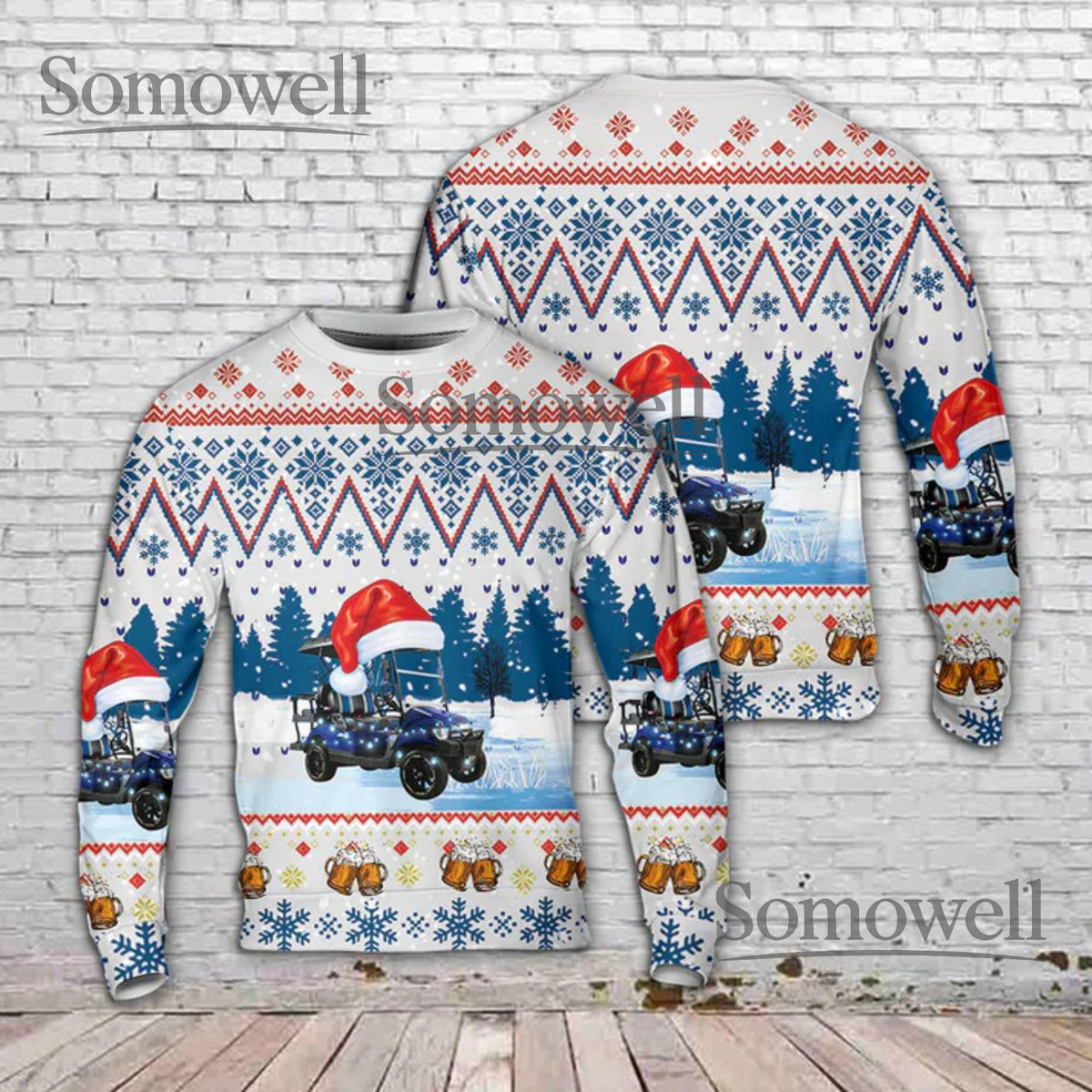 Golf Cart Christmas Ugly Sweater Santa Hat Crewneck Sweatshirt