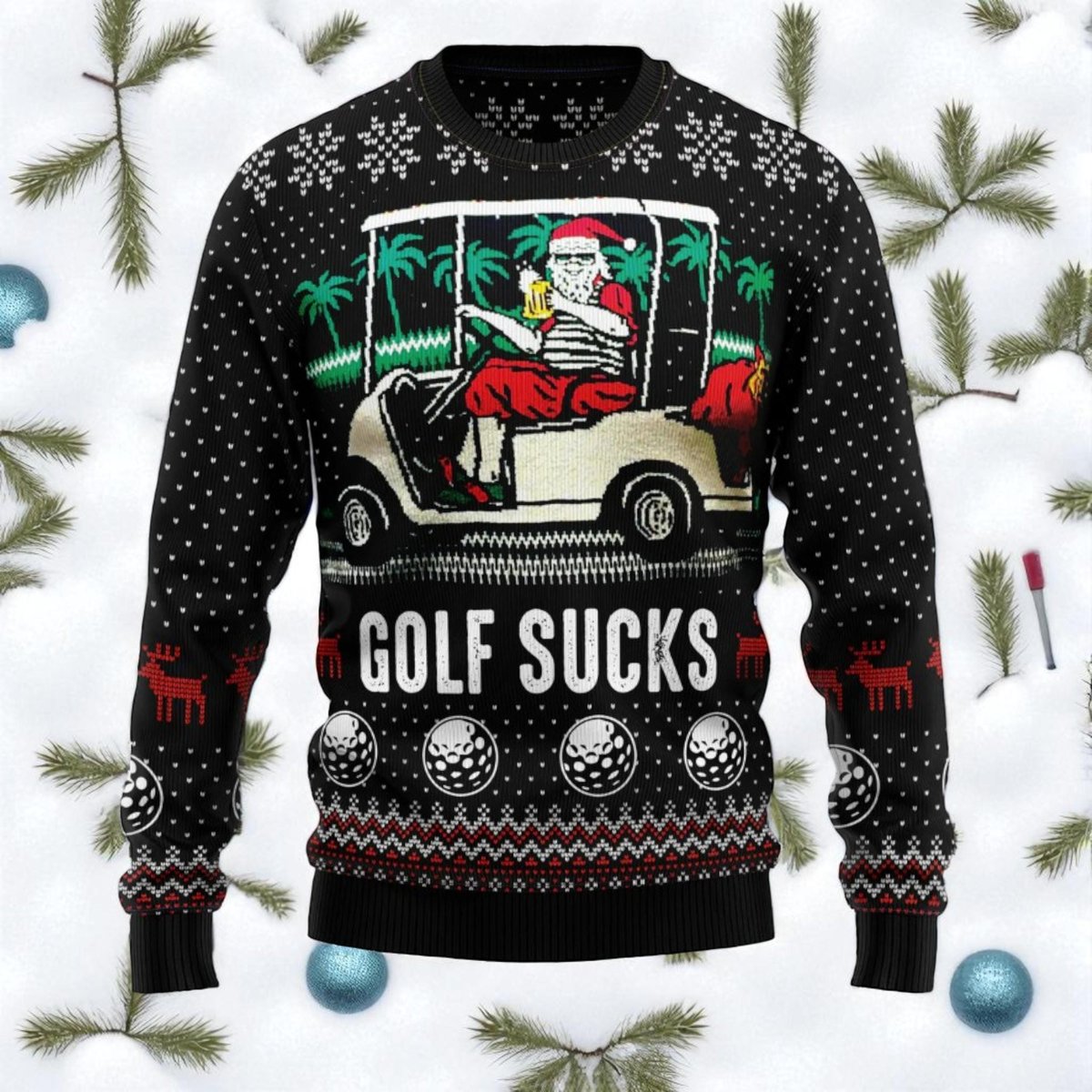 Golf Sucks Santa Cart Black Funny Ugly Christmas Sweater Holiday Knit Jumper