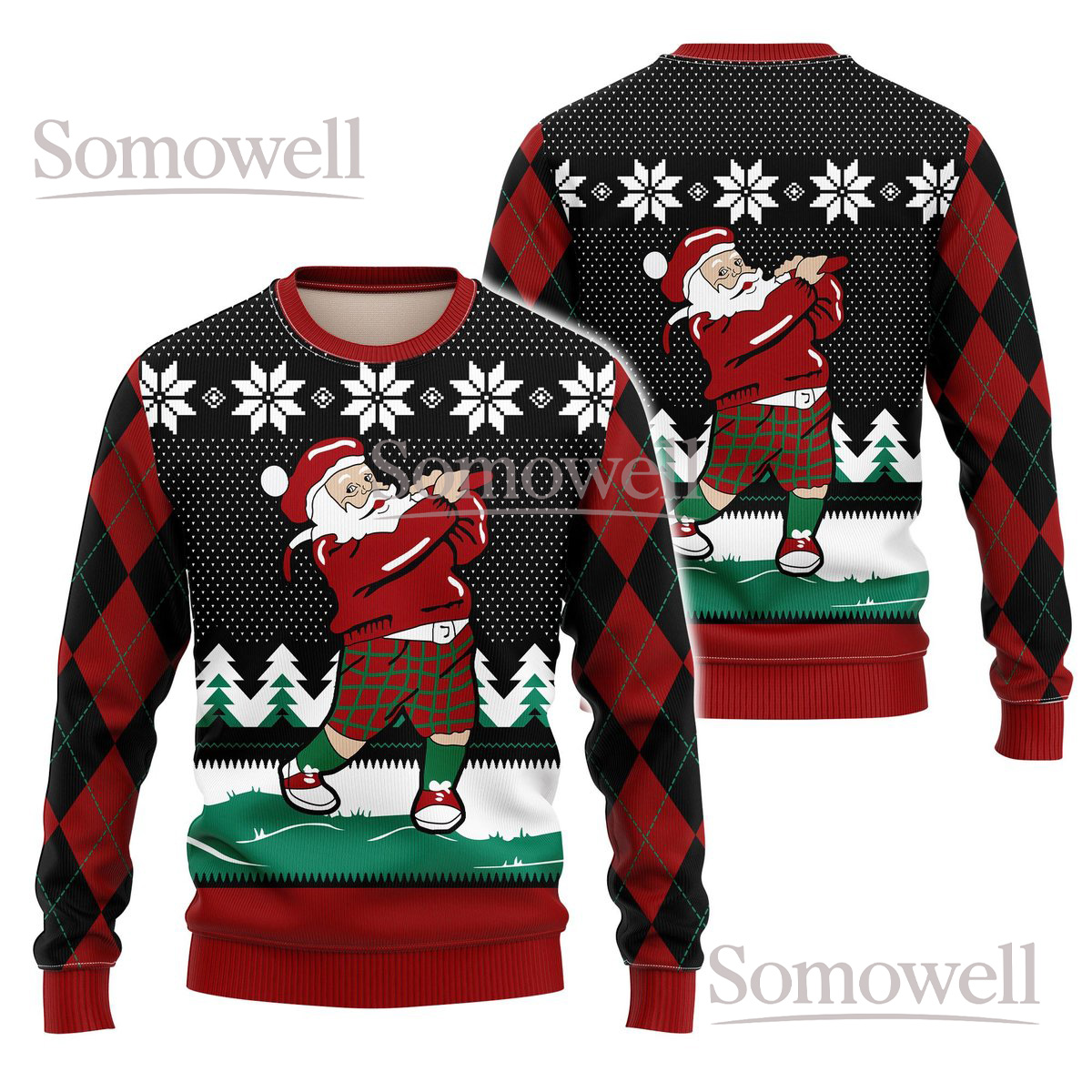 Golfing Santa Red Christmas Ugly Sweater Holiday Knit Jumper Funny Golfer Gift For Men & Women