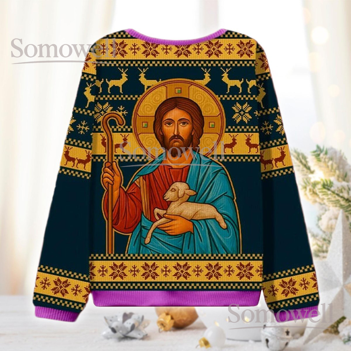 Jesus Christ Navy Christmas Ugly Sweater Good Shepherd Holiday Knit Jumper Faith Inspired Gift
