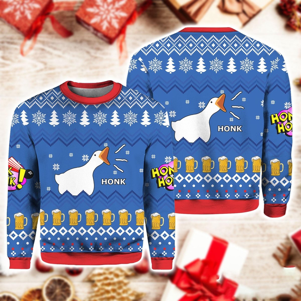 Goose Honk Funny Christmas Beer Ugly Sweater Blue Red Holiday Jumper