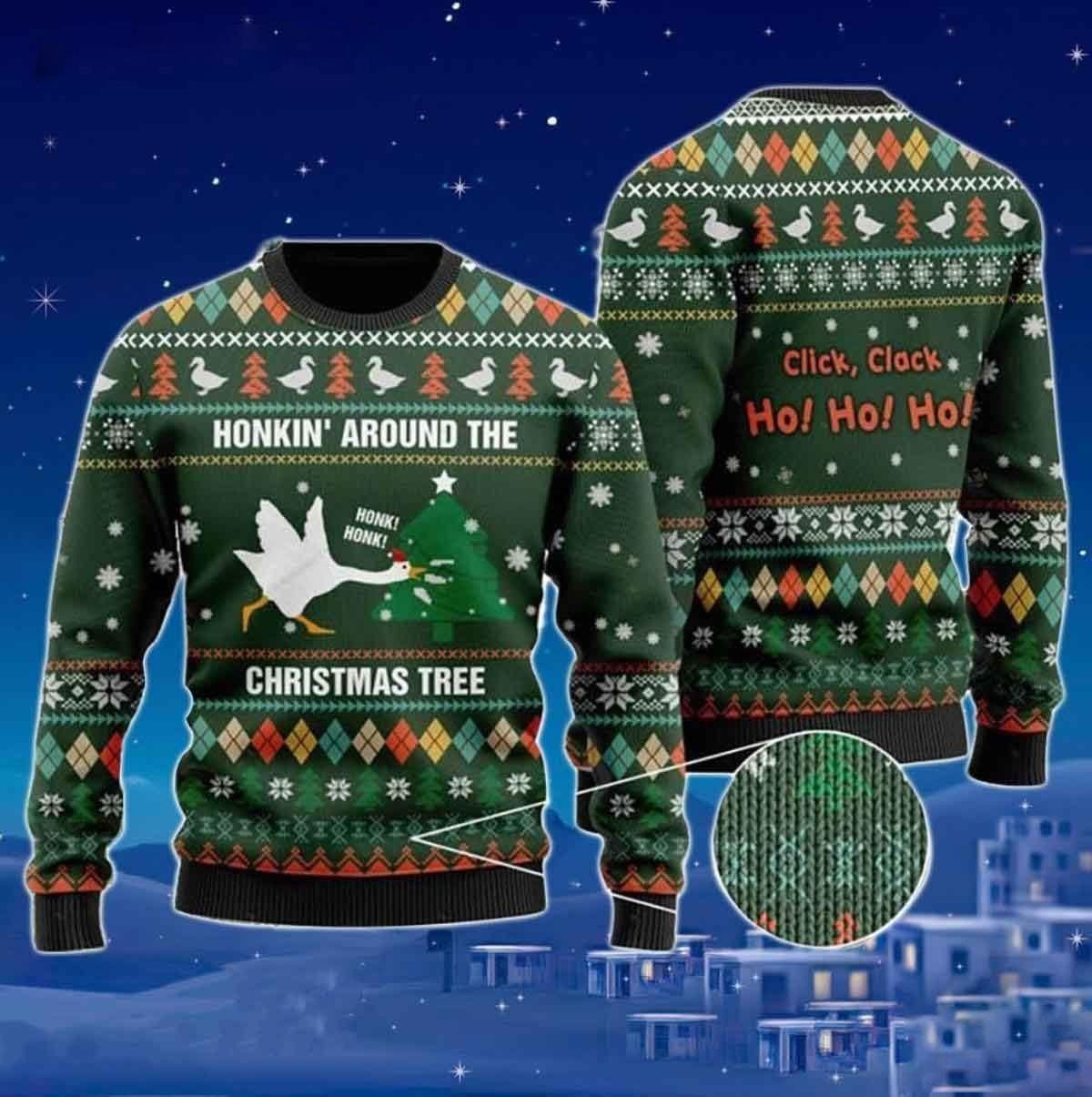 Honkin Around The Christmas Tree Goose Funny Ugly Sweater Green Jumper