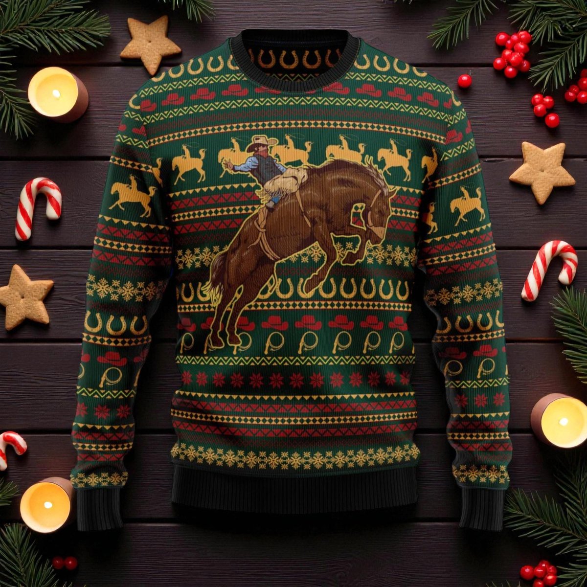Gorgeous Cowboy Green Ugly Christmas Sweater Rodeo Horse Riding Holiday Knit Jumper