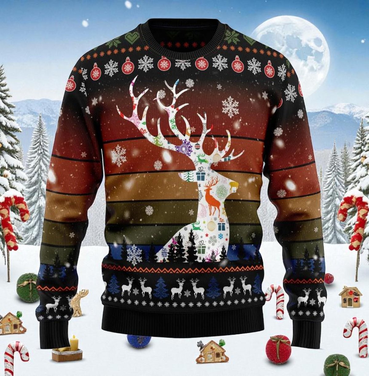 Gorgeous Vintage Deer Pattern Ugly Christmas Sweater Retro Reindeer Holiday Knit Jumper