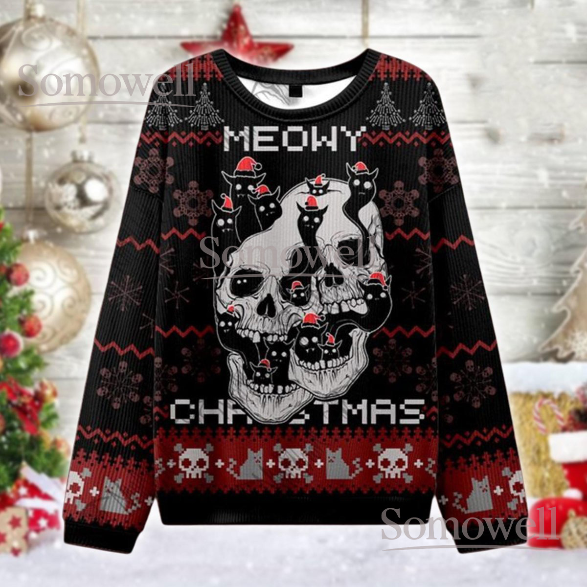 Goth Cat Skull Black Christmas Ugly Sweater Meowy Christmas Holiday Knit Jumper Funny Gothic Gift