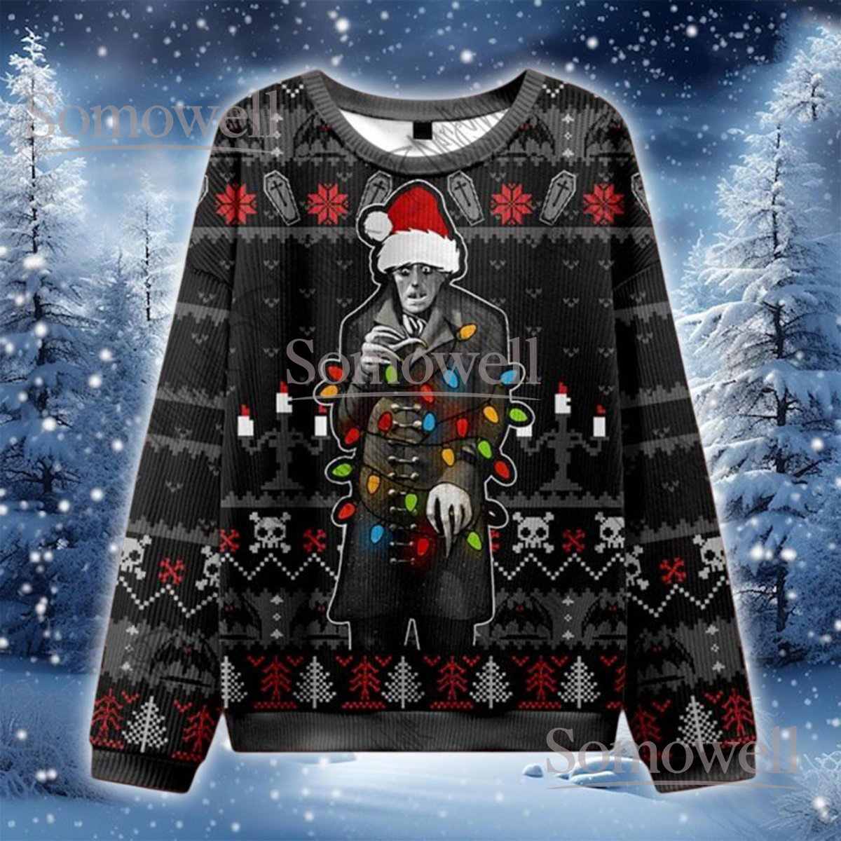Gothic Horror Black Christmas Ugly Sweater Classic Monster Wrapped in Lights Knit Jumper