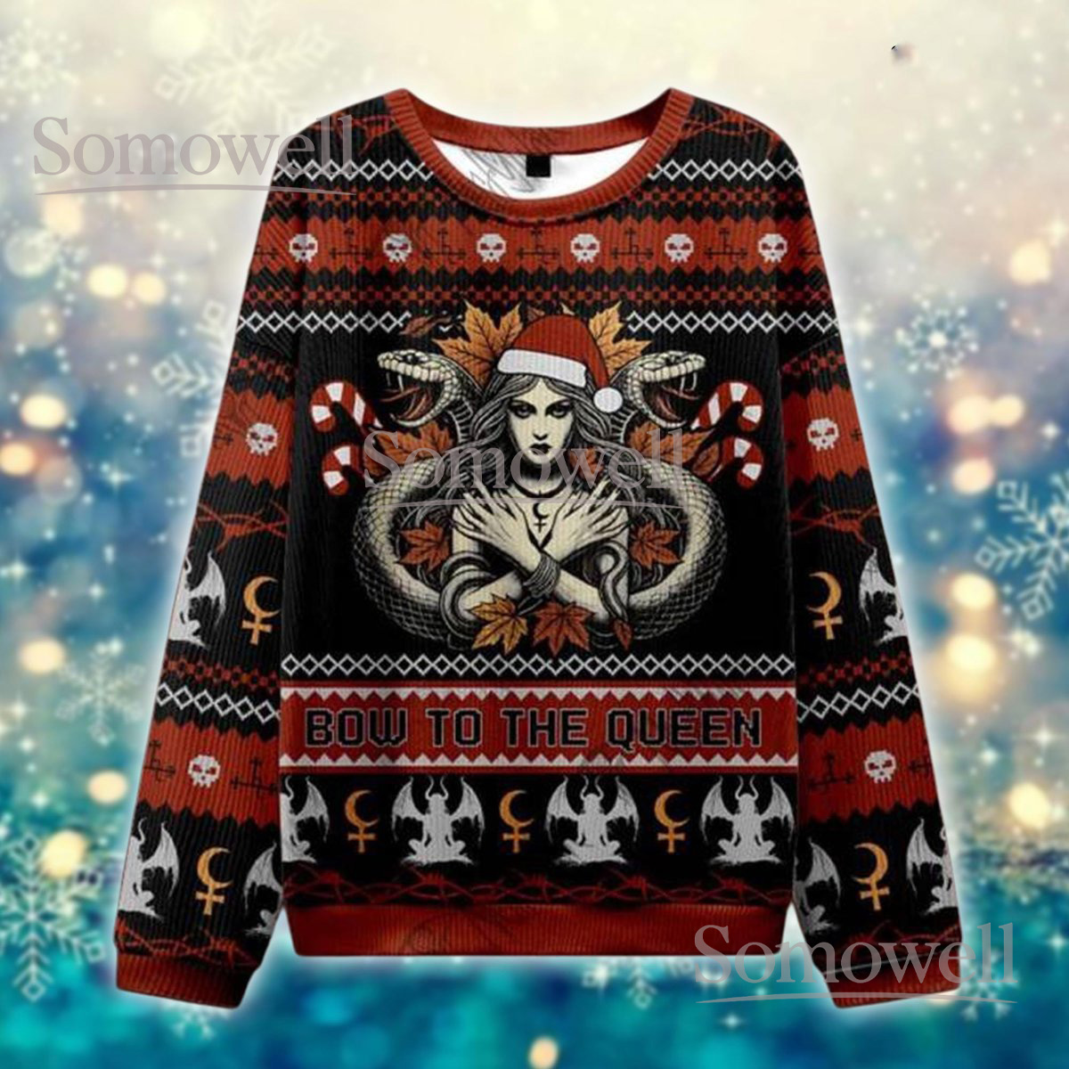 Gothic Queen Red Christmas Ugly Sweater Bow To The Queen Holiday Knit Jumper Dark Fantasy Gift