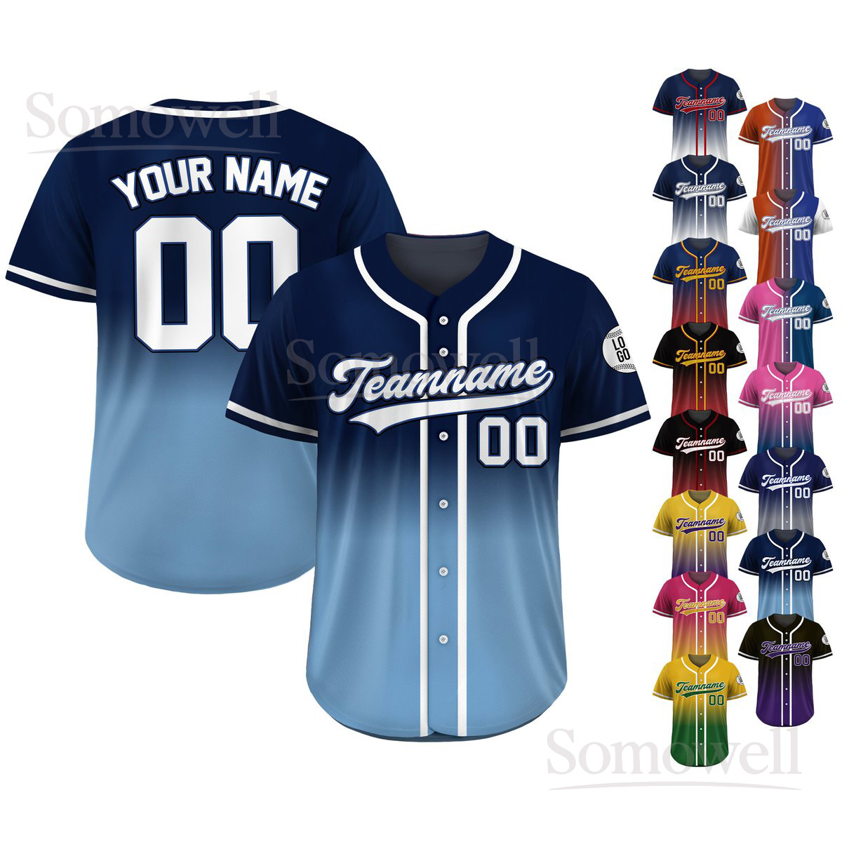 Personalized Gradient Baseball Jersey with Team Name Number for Men Women Multi Color Edition