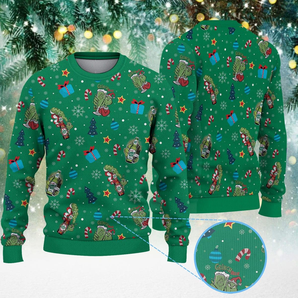 The Grinch Green Christmas Ugly Sweater Beer And Candy Cane Funny Holiday Knit Jumper