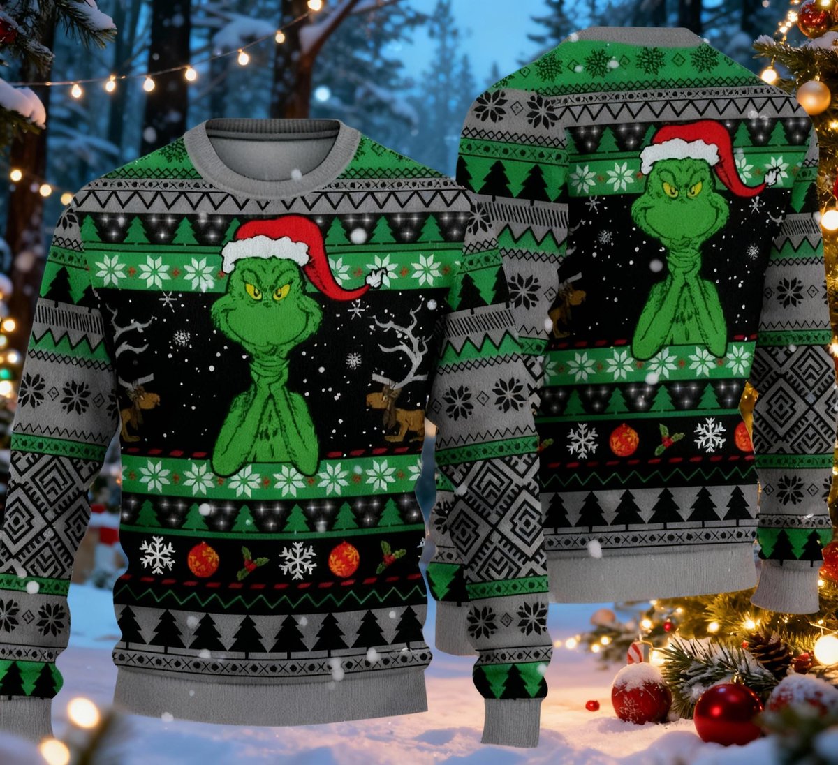 The Grinch Green Black Christmas Ugly Sweater Classic Holiday Knit Jumper