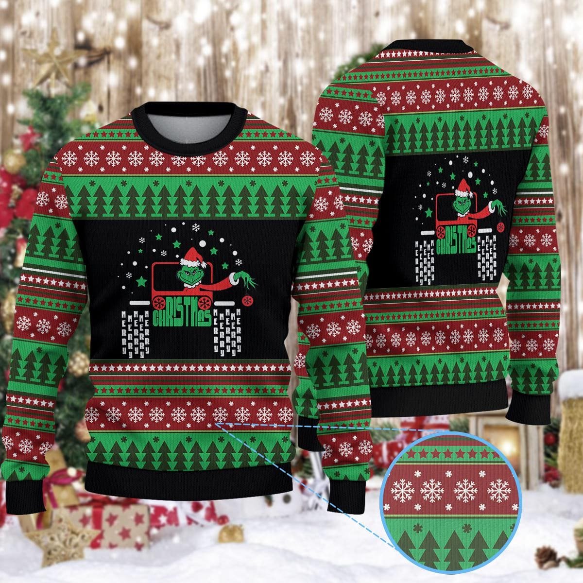 The Grinch Red Green Christmas Ugly Sweater Monster Truck Funny Holiday Knit Jumper