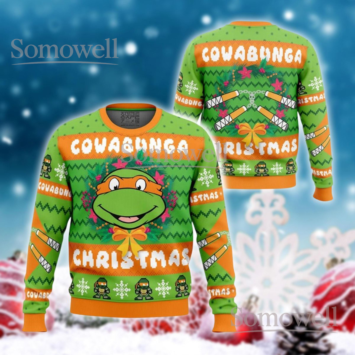 Michelangelo Cowabunga Christmas Ugly Sweater Funny Ninja Turtle Holiday Gift