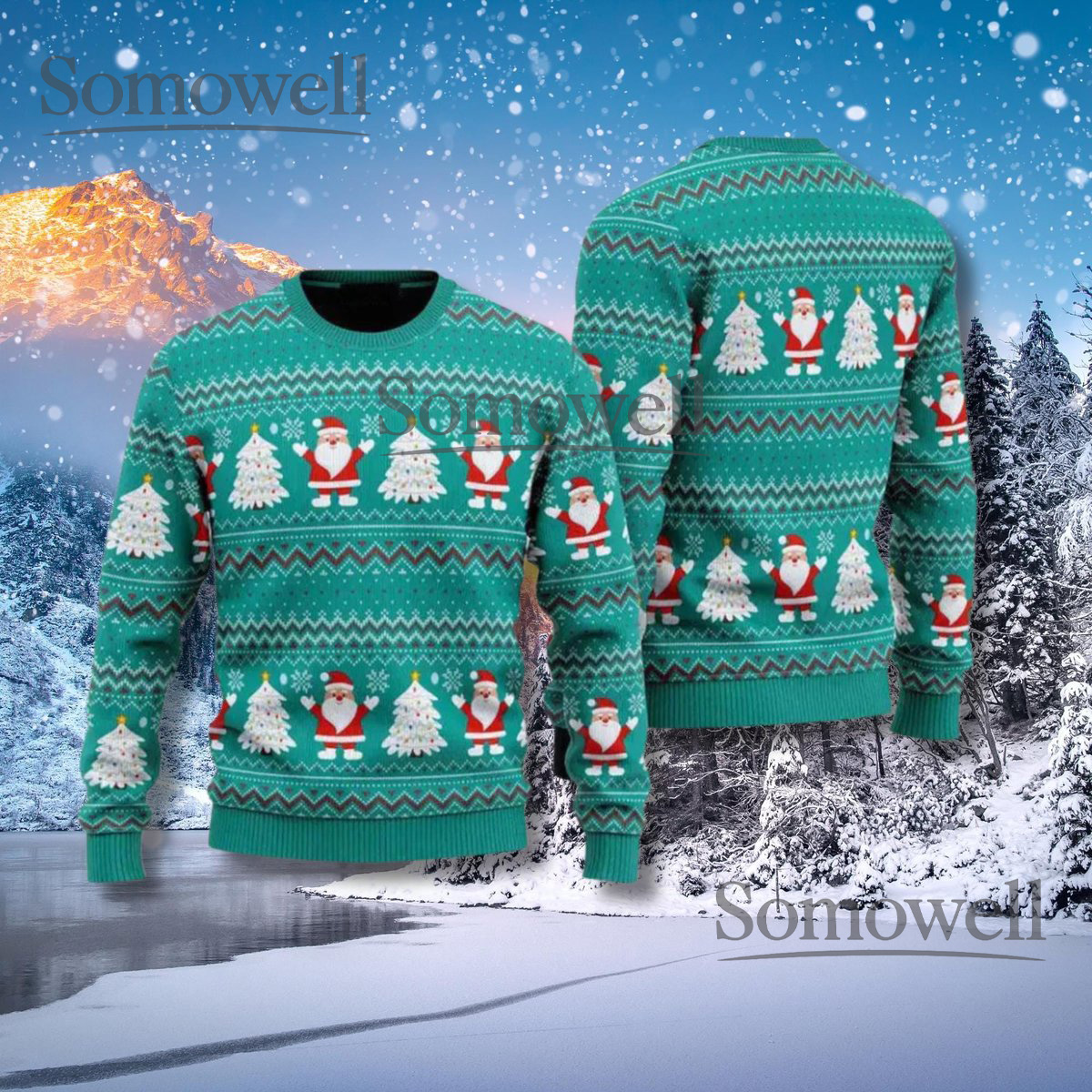 Green Santa Christmas Sweater Ugly Fair Isle Holiday Knit With White Trees