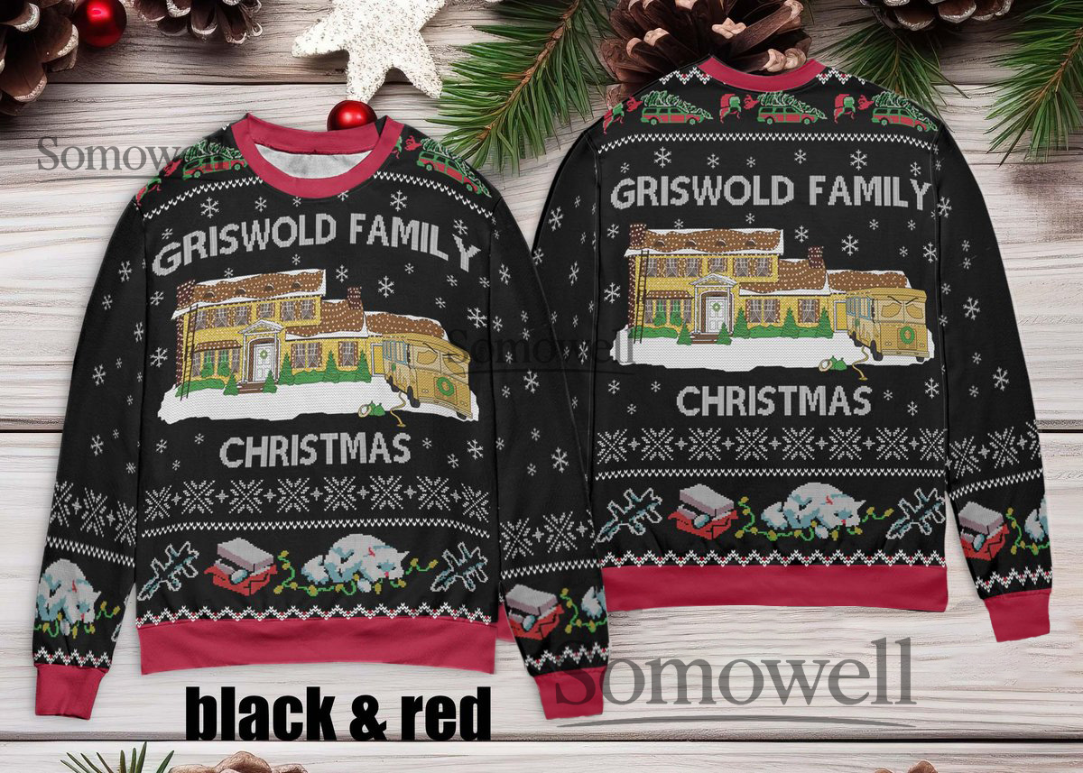 Griswold Family Christmas Vacation House Ugly Christmas Sweater Black Red Classic Movie Edition Multi Color Edition