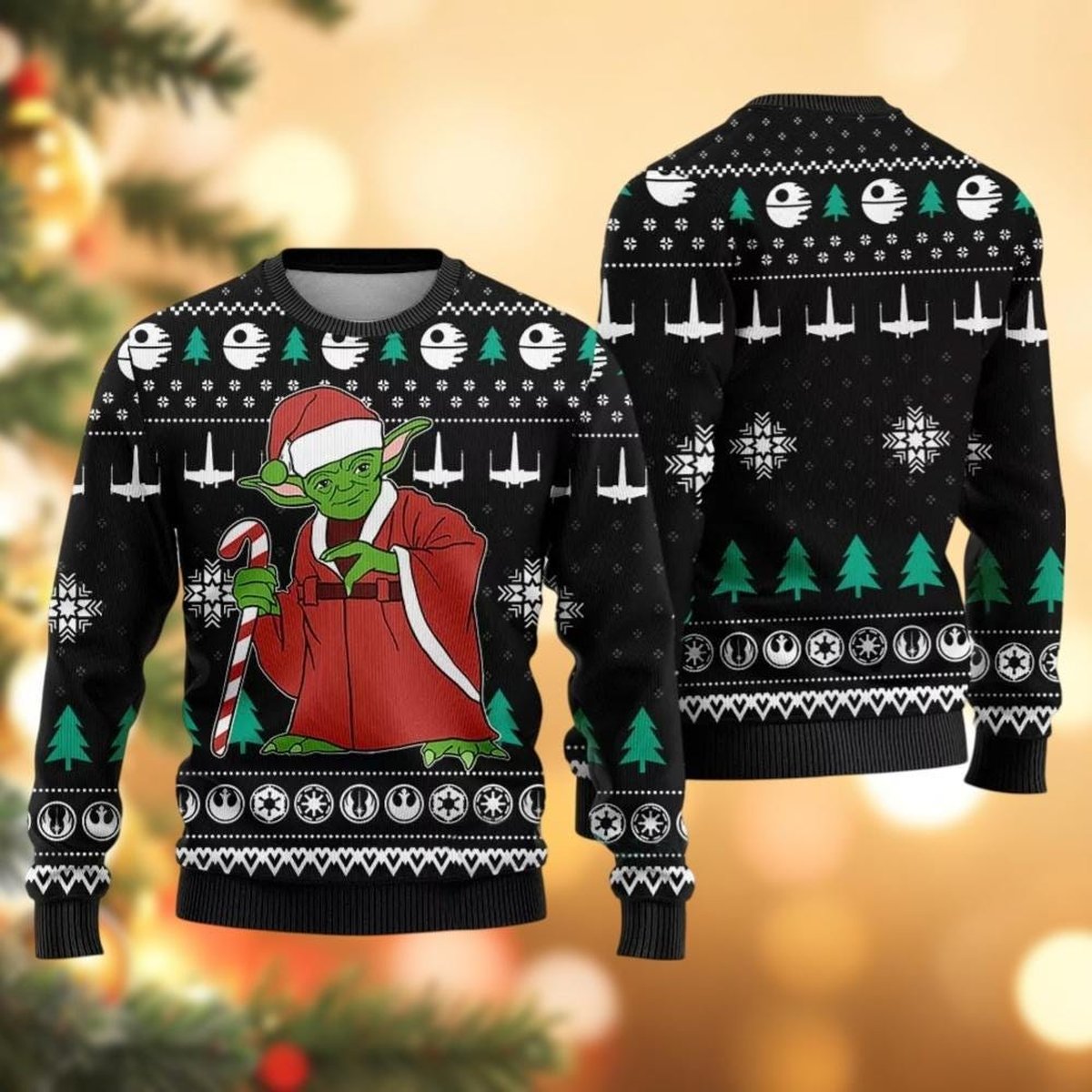 Grogu Yoda Candy Cane Christmas Black Ugly Sweater Holiday Trees & Icons Knit Jumper