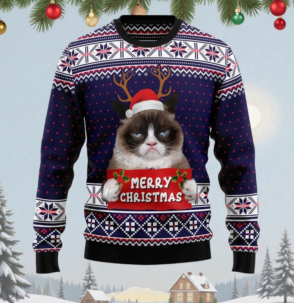 Grumpy Cat Santa Hat Merry Christmas Blue Ugly Christmas Sweater Funny Cat Holiday Knit Jumper