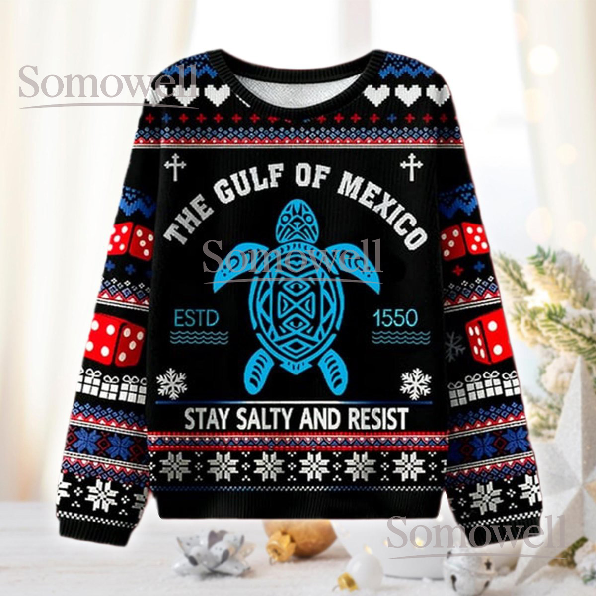 Gulf of Mexico Black Christmas Ugly Sweater Stay Salty And Resist Holiday Knit Jumper Turtle Design