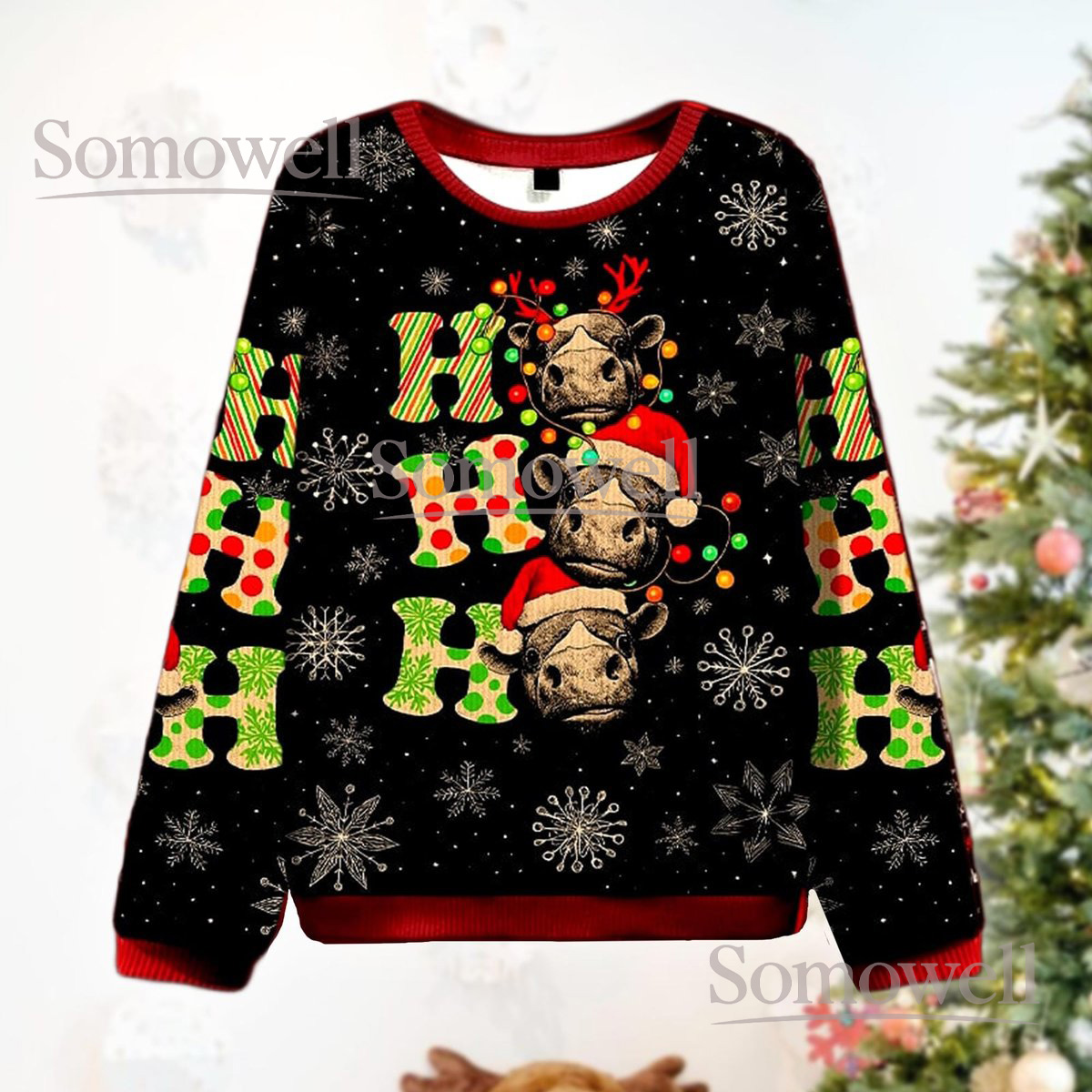 Cow Print Funny Christmas Ugly Sweater Ho Ho Ho Reindeer Horns Holiday Knit Jumper
