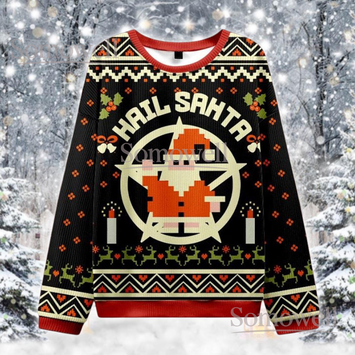 Hail Santa Black Red Christmas Ugly Sweater Funny Holiday Reindeer Pattern Knit Jumper
