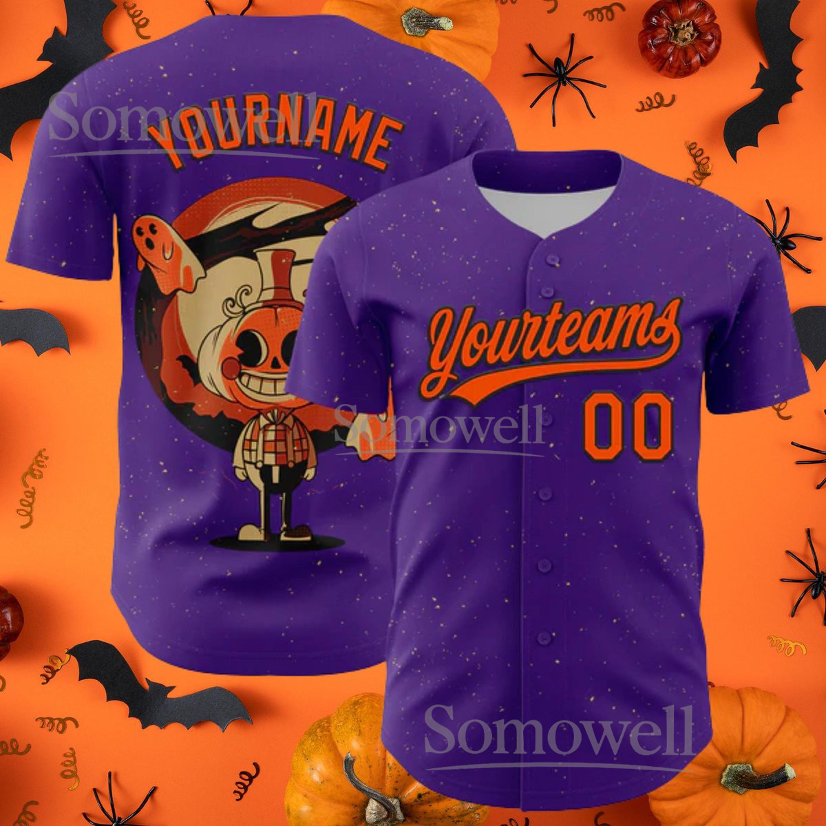Halloween Baseball Jersey Shirt Purple Orange Spooky Pumpkin Ghost Costume Team Jersey