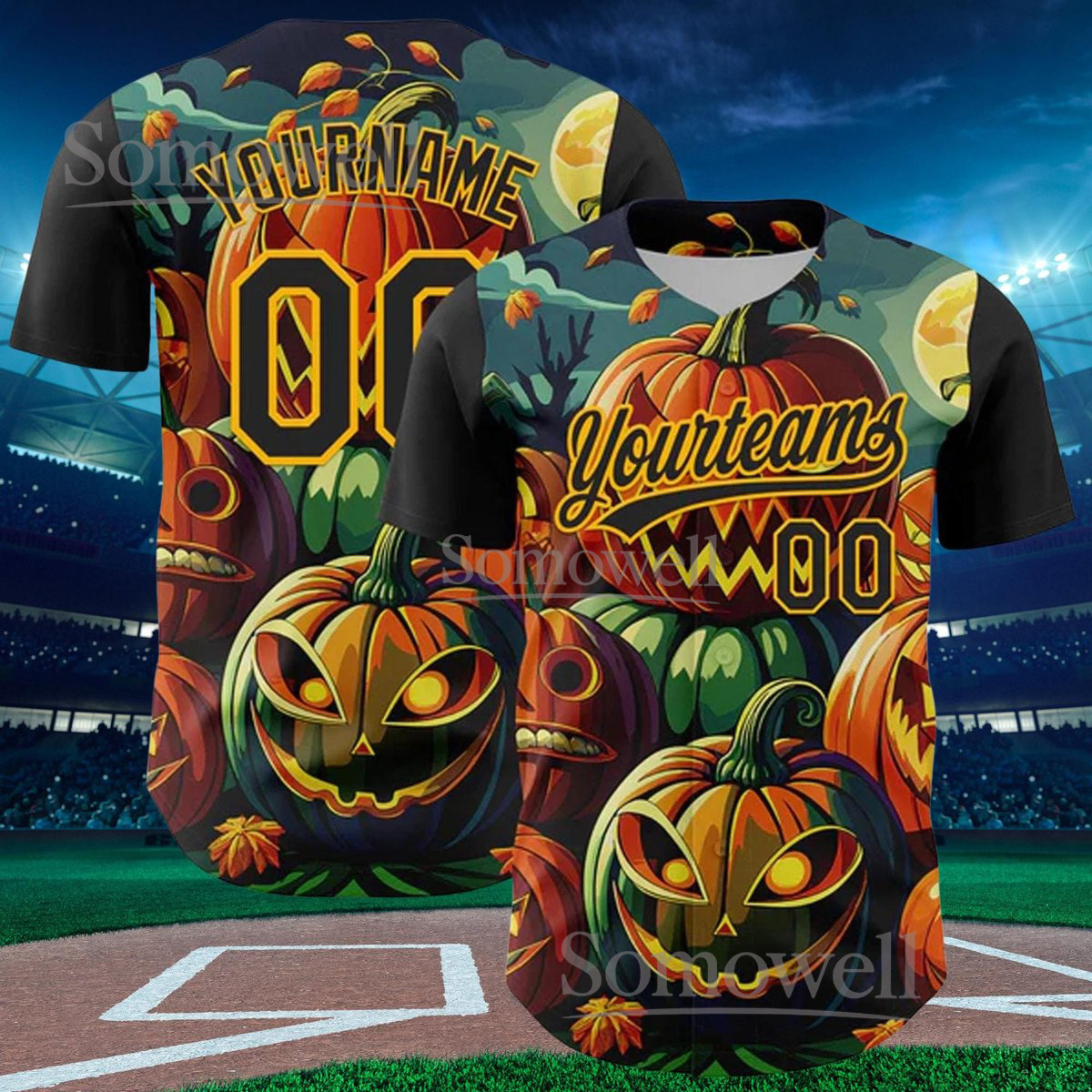 Halloween Pumpkin Baseball Jersey, Customizable with Team Name Number, Spooky Jack-O'-Lantern Design