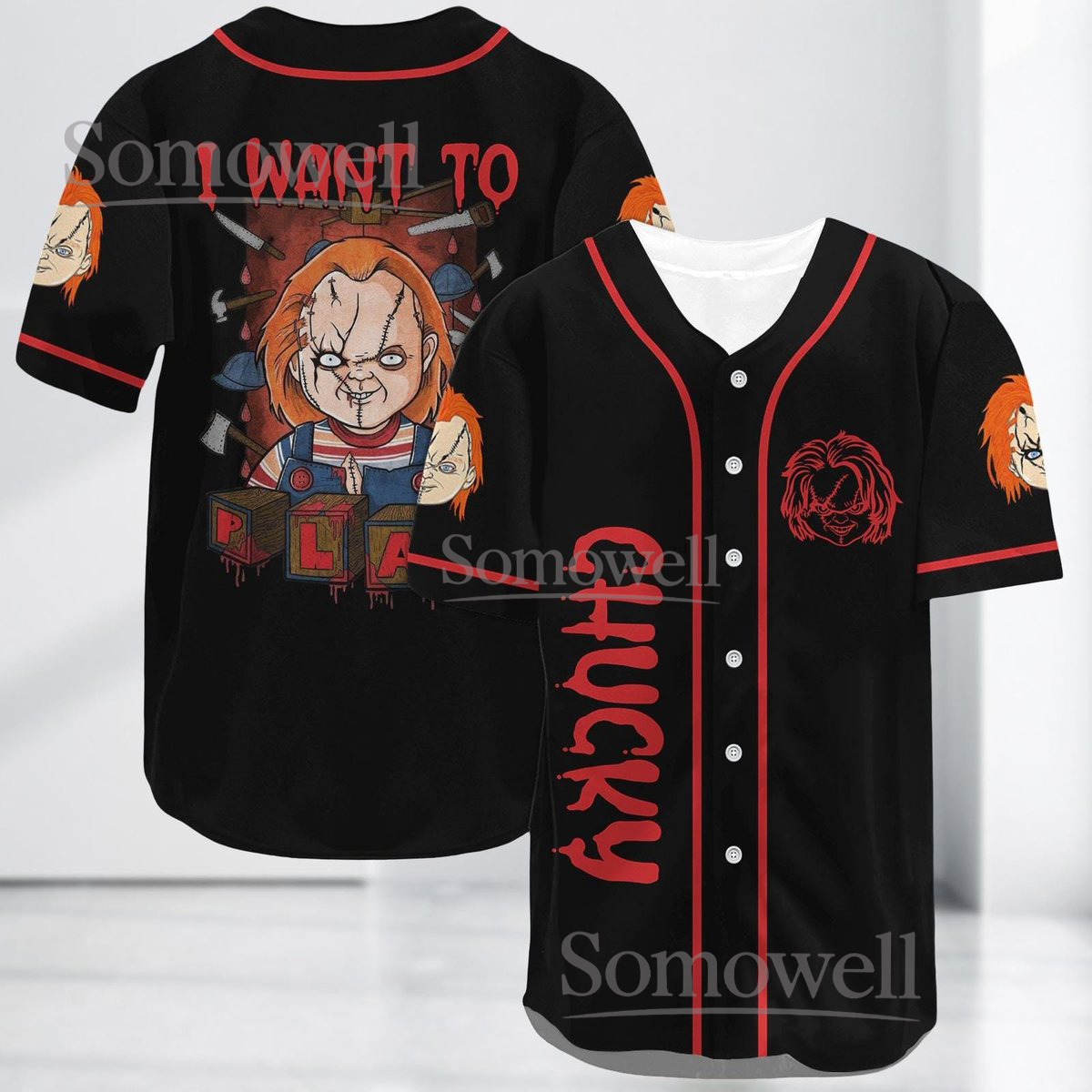 Halloween Chucky Baseball Jersey Shirt Horror Movie I Want To Play Gift