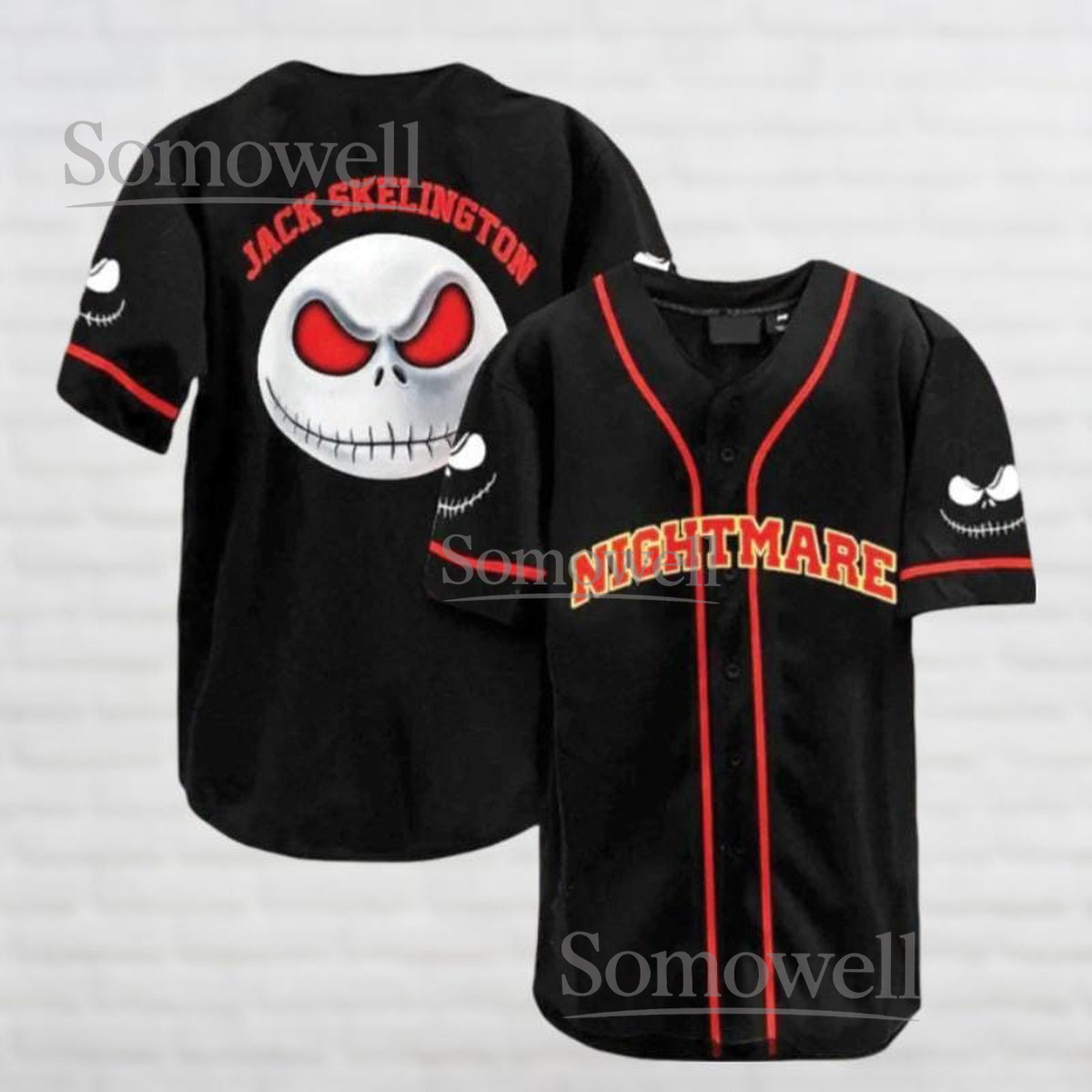 Halloween Nightmare Baseball Jersey Shirt Black Red Jack Skellington Spooky Custom Gift