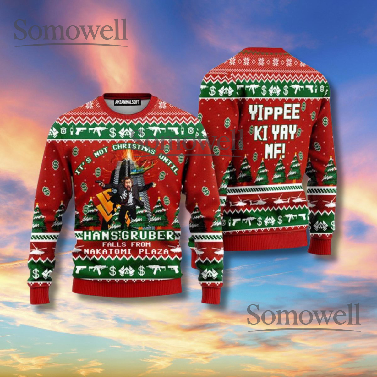 Hans Gruber Nakatomi Ugly Christmas Sweater Red Unisex Knit Parody Holiday Jumper