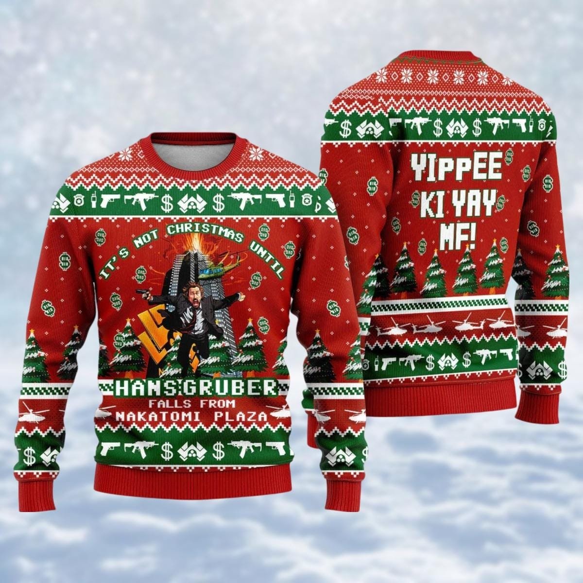 Hans Gruber Die Hard Red Christmas Ugly Sweater Yippee Ki Yay Funny Holiday Knit Jumper