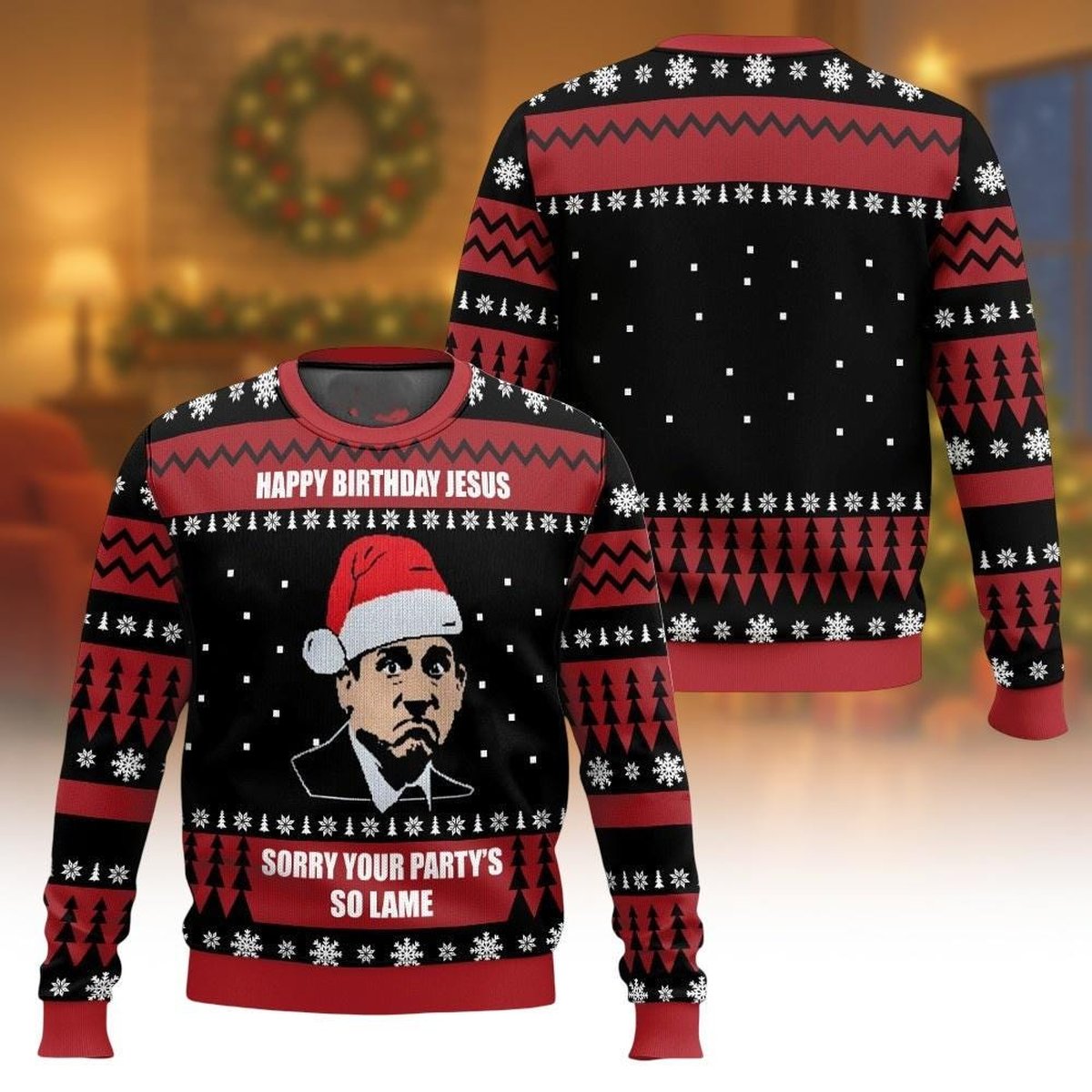 Happy Birthday Jesus Ugly Christmas Sweater Funny Holiday Meme Black Red Jumper