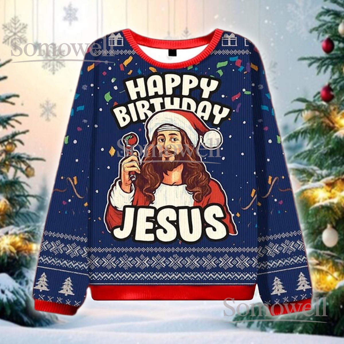 Happy Birthday Jesus Blue Christmas Ugly Sweater Holiday Knit Jumper Funny Faith Gift Idea