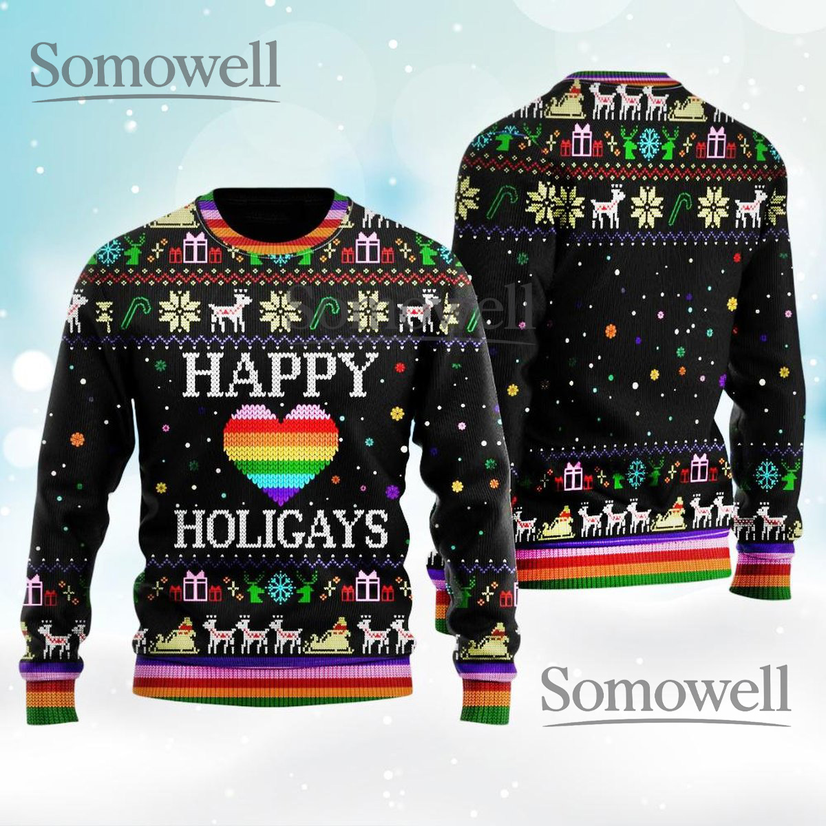 Happy Holigays Rainbow Christmas Ugly Sweater Funny LGBTQ Holiday Knit Jumper