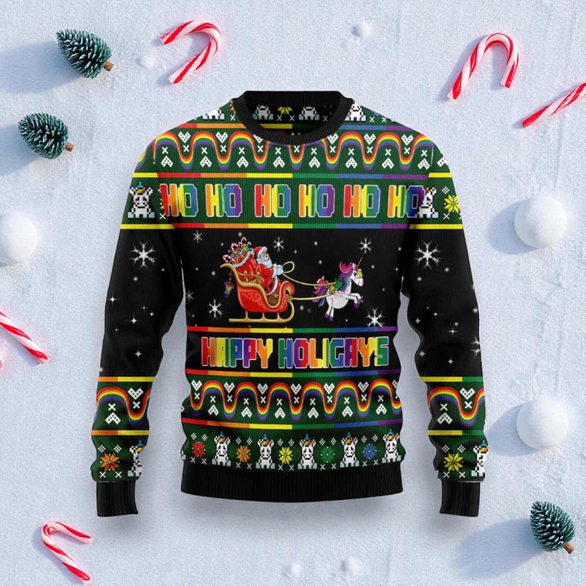 Happy Holigays Rainbow Ugly Christmas Sweater Pride Santa Unicorn Holiday Knit Jumper