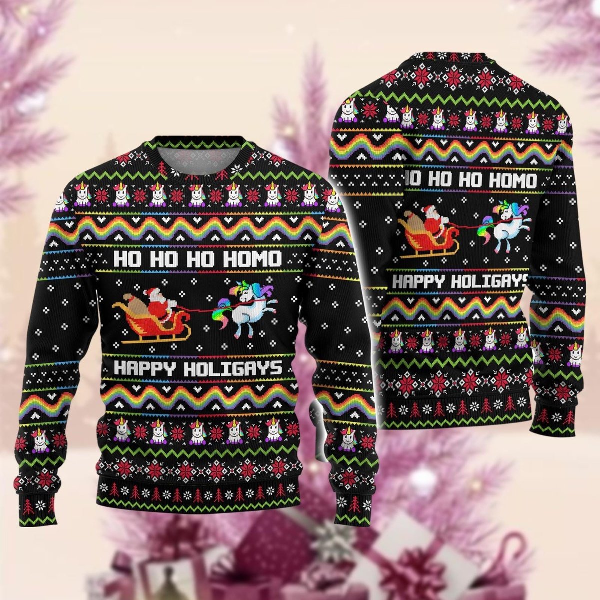 Happy Holigays Black Christmas Ugly Sweater Rainbow Pride Santa Holiday Knit Jumper