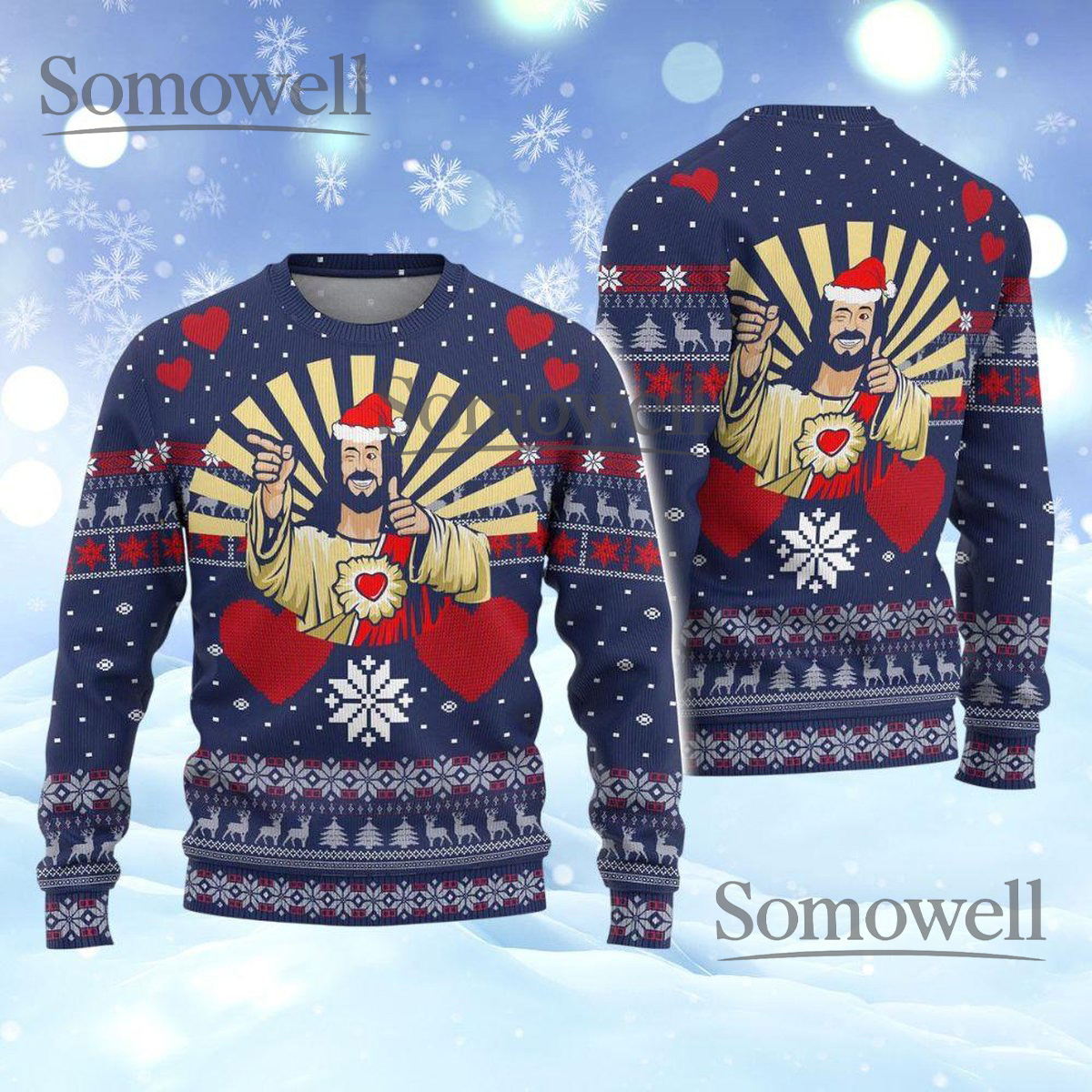 Happy Jesus Blue Christmas Ugly Sweater Funny Religious Holiday Knit Jumper