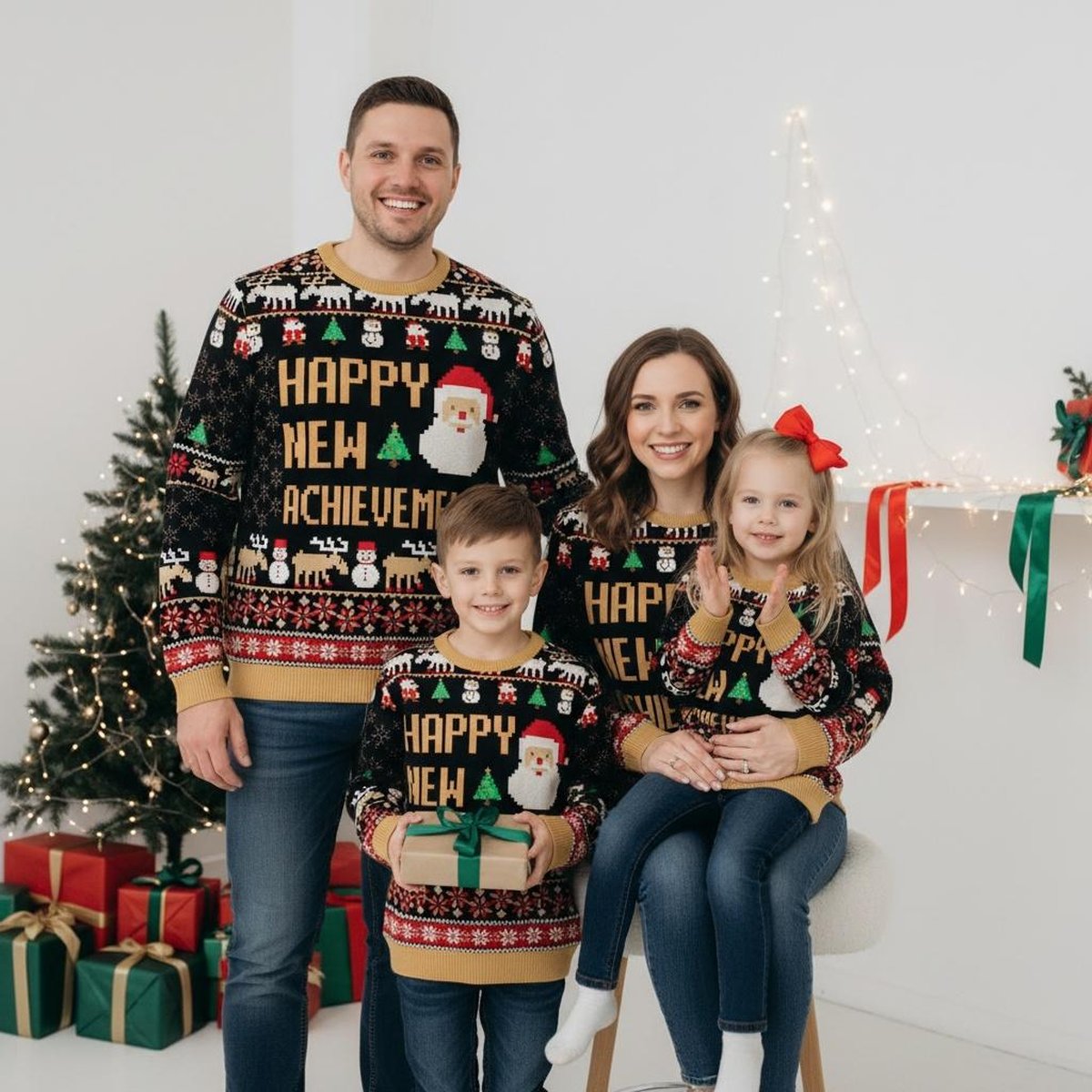 Happy New Achievement Santa Ugly Christmas Sweater Retro Pixel Holiday Knit Jumper