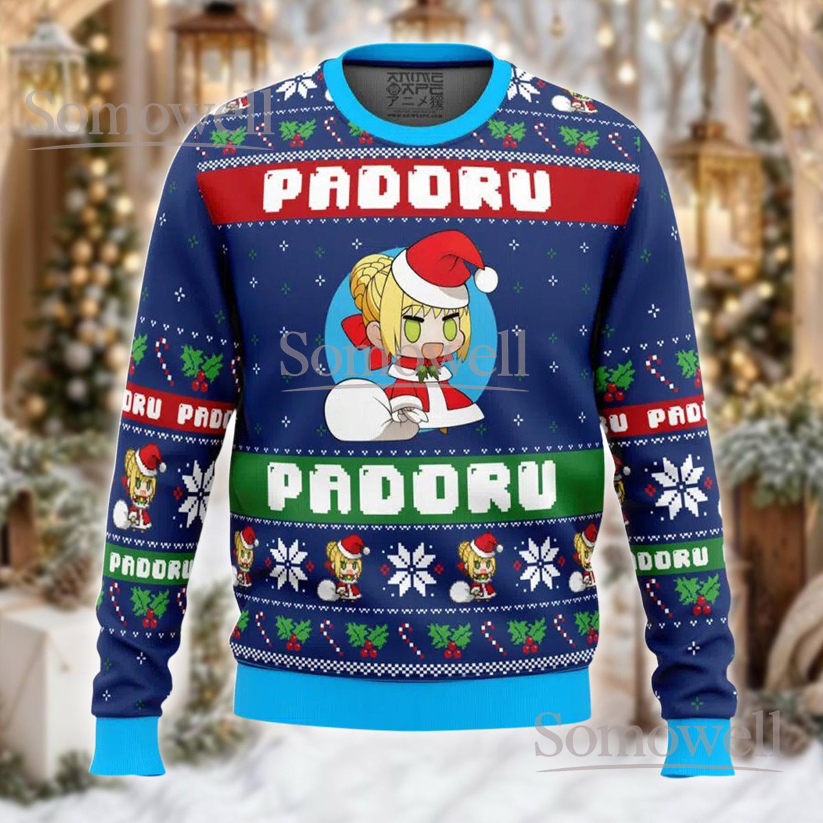 Padoru Blue Christmas Ugly Sweater Holiday Knit Jumper Anime Meme Design For Fans