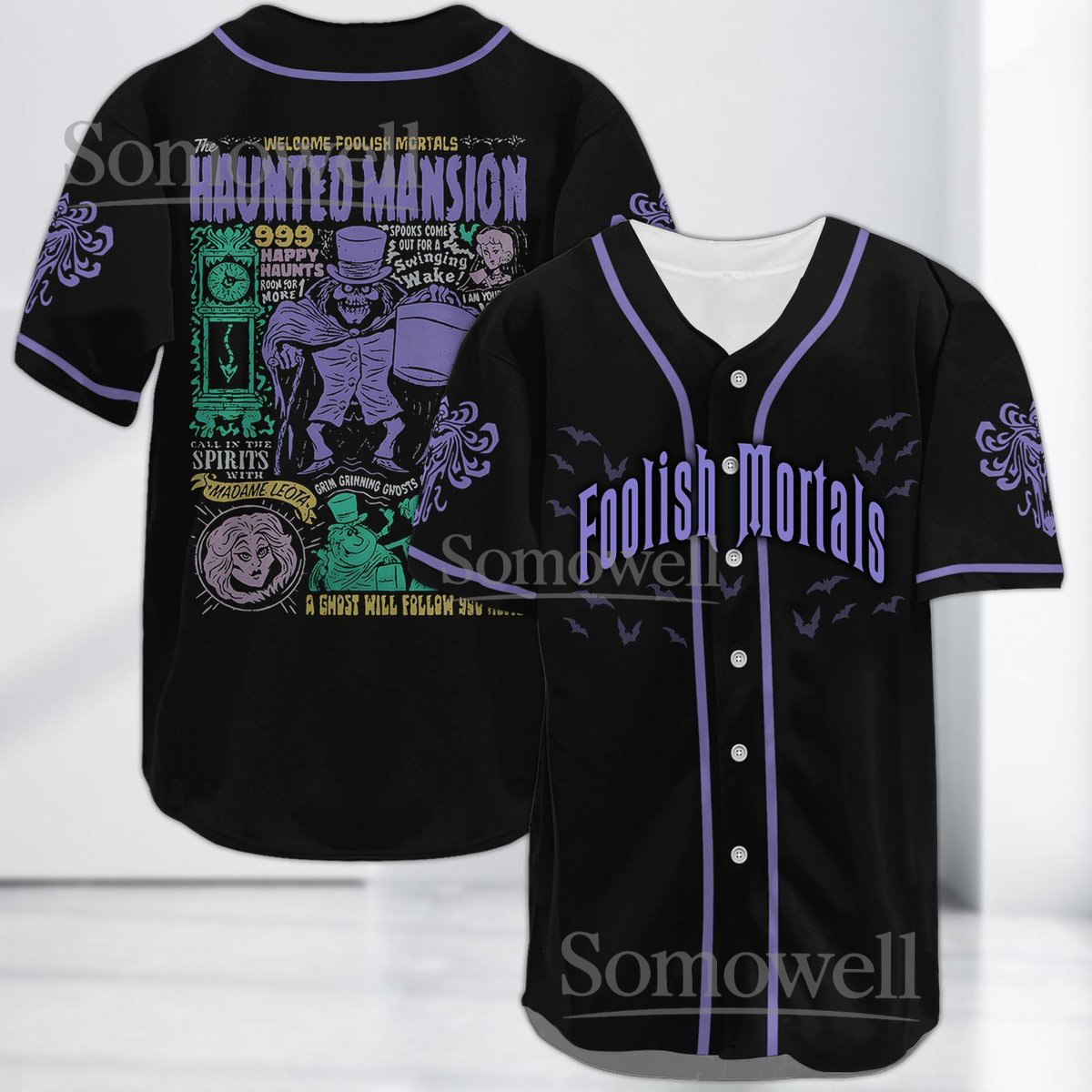 Custom Haunted Mansion Baseball Jersey with Spooky Ghost and Bats Design, Personalized Name and Team Number