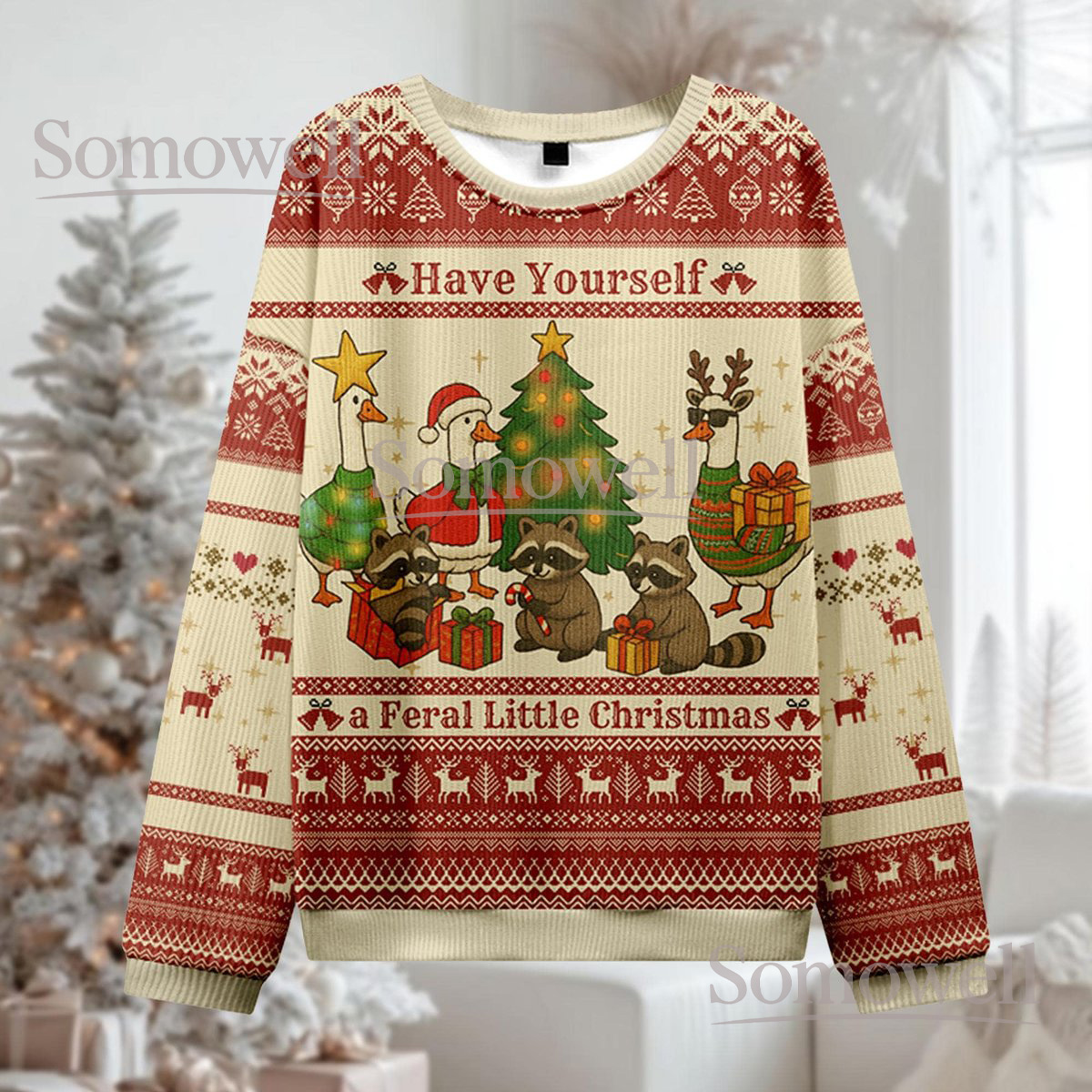 Feral Animals Beige Christmas Ugly Sweater Have Yourself A Feral Little Christmas Holiday Knit Jumper Cute Design