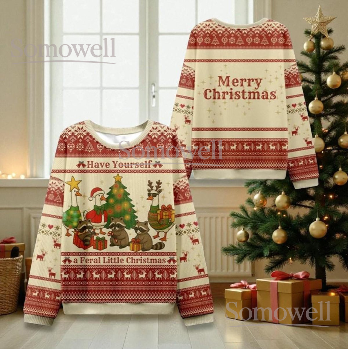 Feral Animals Tree Christmas Cream Ugly Sweater Cute Holiday Knit Jumper