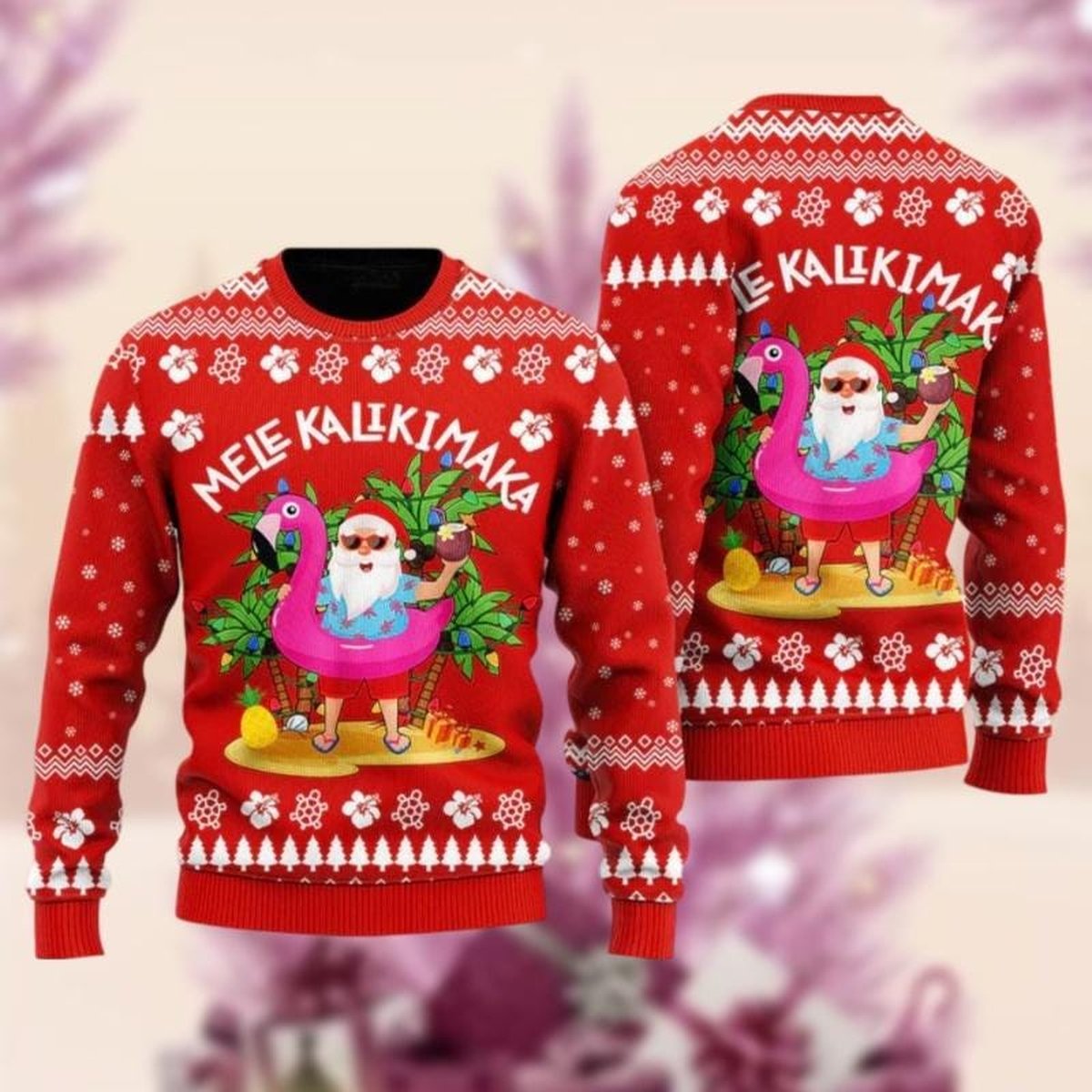 Mele Kalikimaka Red Christmas Ugly Sweater Tropical Santa Hawaiian Holiday Knit Jumper