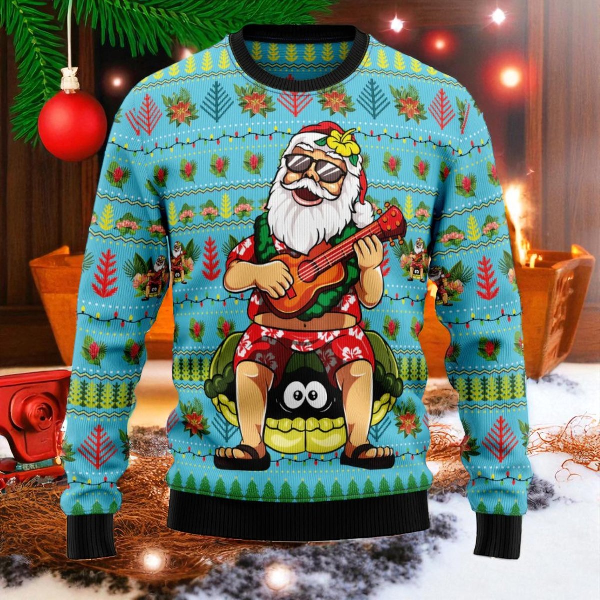 Hawaiian Santa Blue Ugly Christmas Sweater Tropical Holiday Aloha Style Knit Jumper
