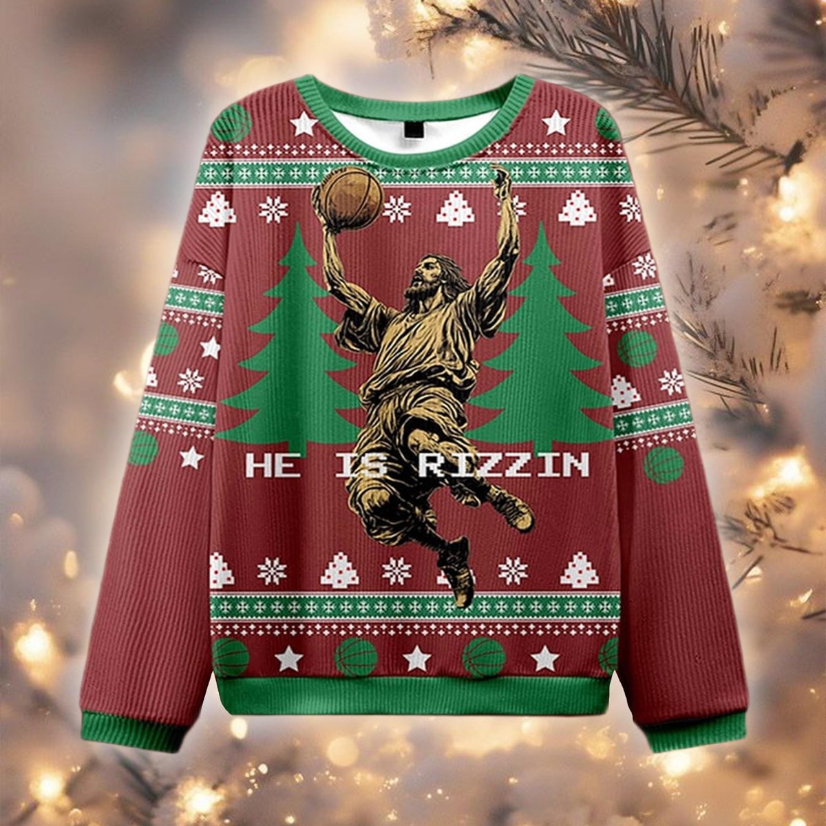He Is Rizzin Ugly Sweater Funny Jesus Basketball Meme Christmas Holiday Gift
