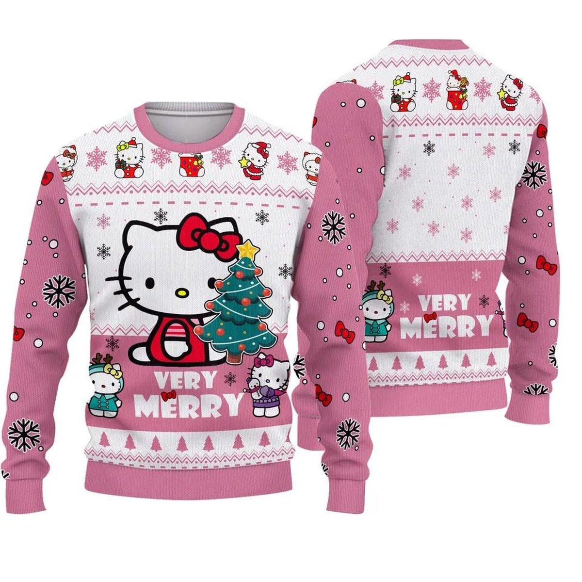 Hello Kitty Very Merry Pink Ugly Christmas Sweater Cute Festive Holiday Knit Jumper