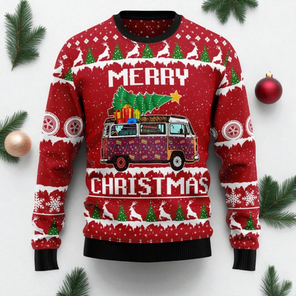 Hippie Van Merry Christmas Red Ugly Christmas Sweater Vintage Car Holiday Knit Jumper